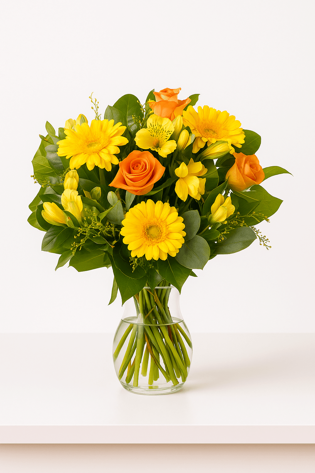 Blumenstrauß Gelb Orange – Produktbild Frischer gelb-oranger Blumenstrauß in transparenter Vase auf hellem Hintergrund, mit Gerbera, Rosen und Alstroemerien.
