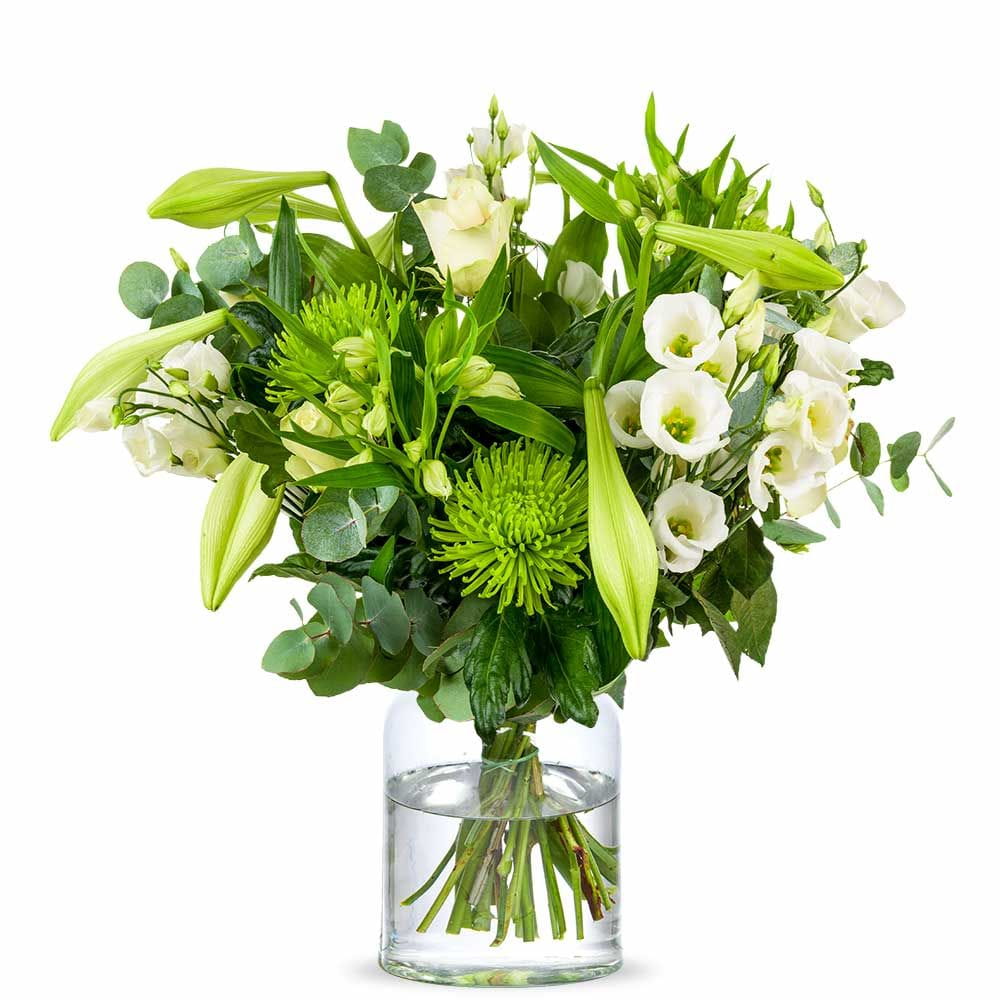 Blumenstrauß in weiß per Post versenden Blumenstrauß Lilien und feine Eustomas, kombiniert mit edlem Grün