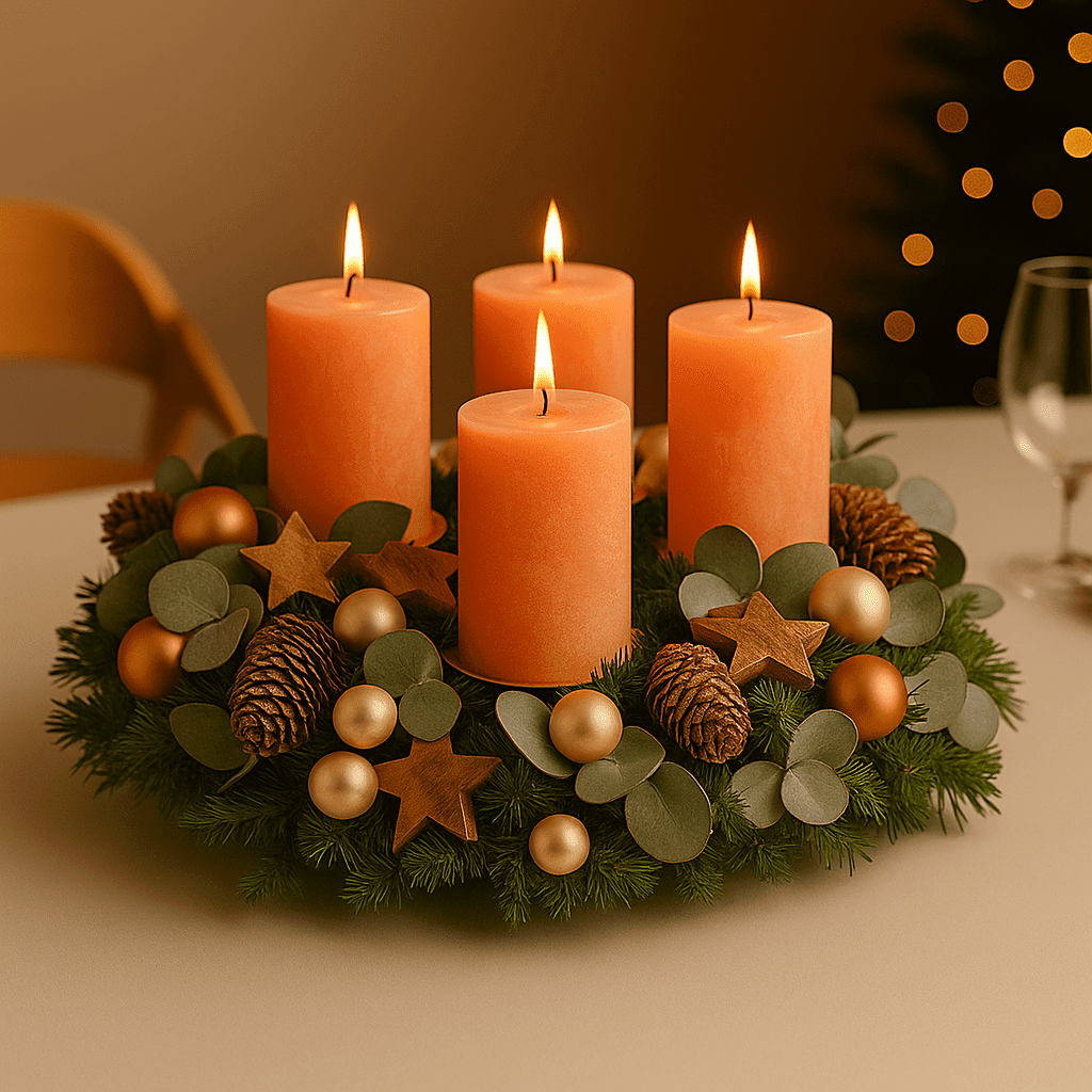 Adventskranz Golden Harmony – Mit Lachsfarbenen Kerzen und Eukalyptuszauber Adventskranz Golden Harmony – Mit Lachsfarbenen Kerzen und Eukalyptuszauber