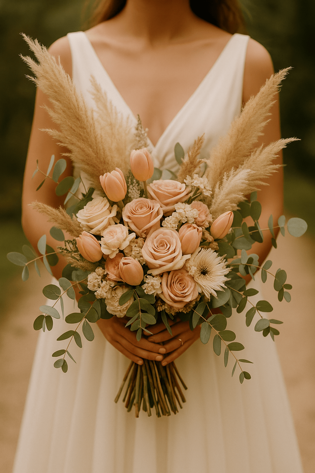 Romantischer Brautstrauß in Rosa- und Pfirsichtönen mit Rosen und Schleierkraut