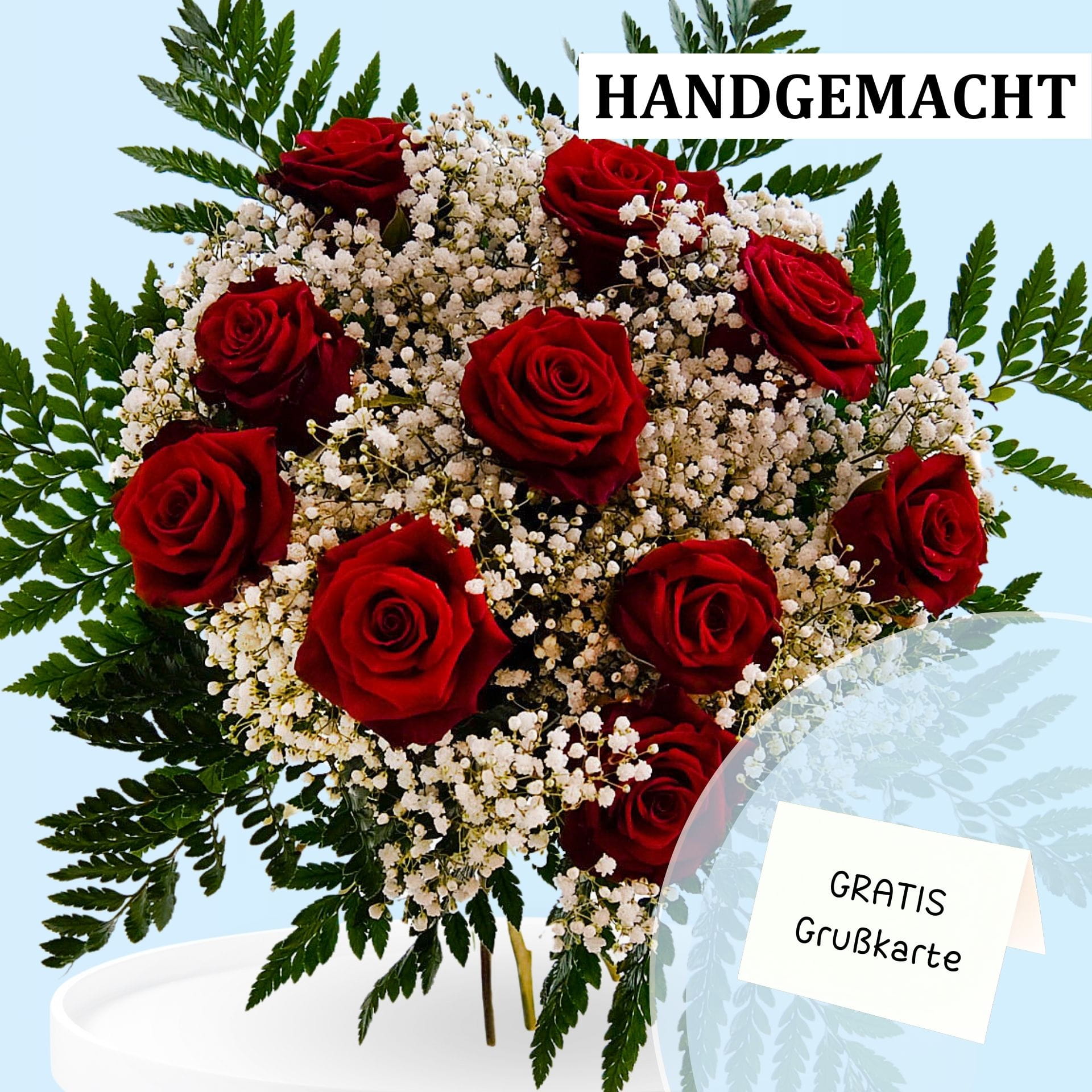 Roter Rosenstrauß mit Schleierkraut Roter Rosenstrauß mit Schleierkraut