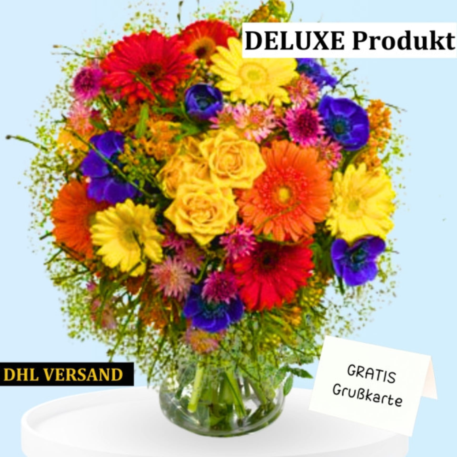 Ein bunter Blumenstrauß mit Frühlingsblumen Bunter Strauß aus Frühlingsblumen, Gerbera und Rosen kompakt gebunden