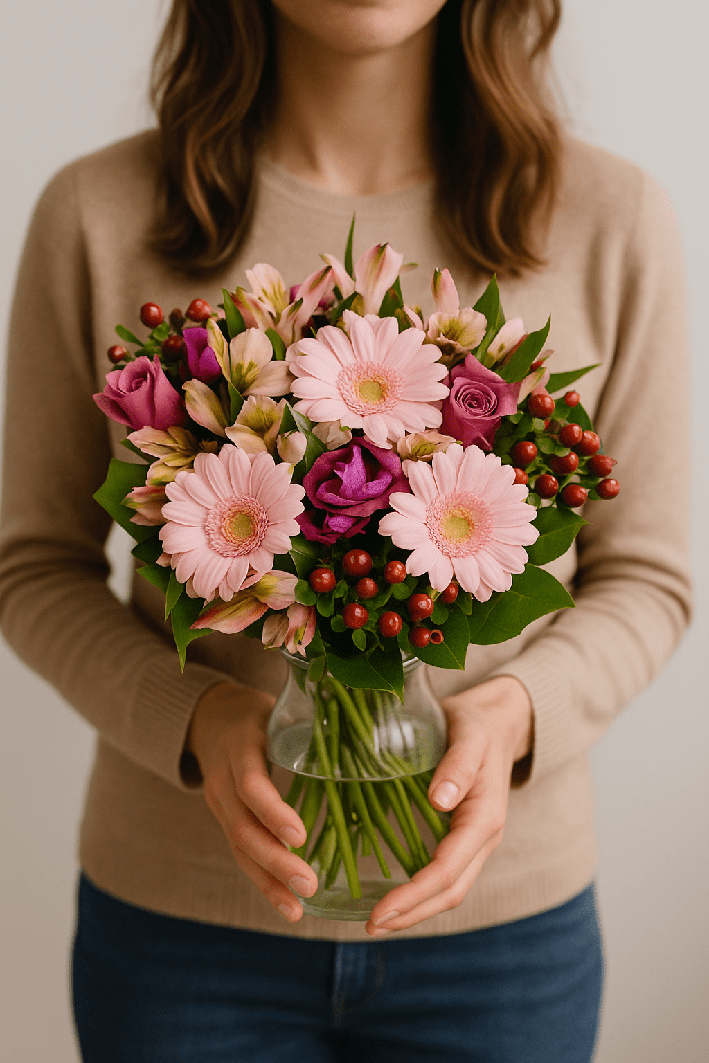 Glückliche Frau erhält Blumenstrauß Rosa Grüße als Geschenk – Ausdruck von Freude beim Blumenversand per Post.
