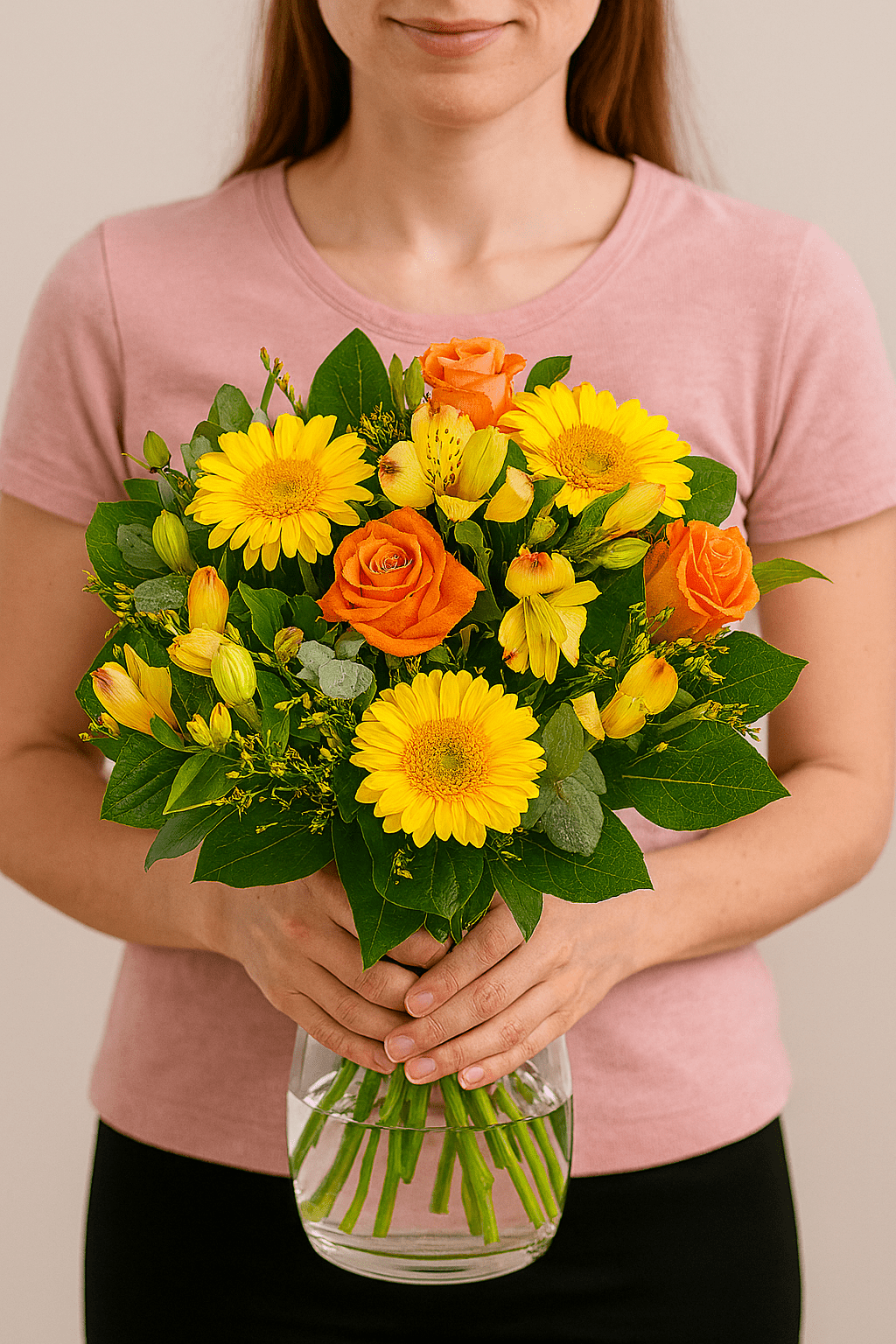 Person in rosafarbenem T-Shirt hält einen runden Blumenstrauß mit gelben Gerbera, orangen Rosen und gelben Blüten.