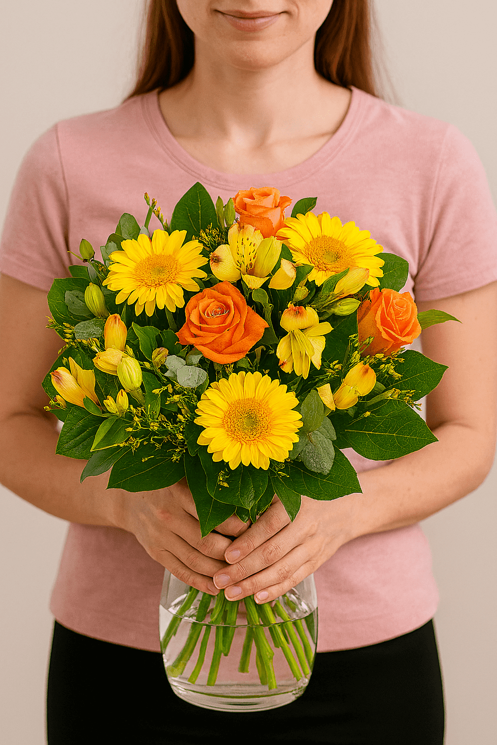 Blumenstrauß Gelb Orange – in Händen gehalten Person in rosafarbenem T-Shirt hält einen runden Blumenstrauß mit gelben Gerbera, orangen Rosen und gelben Blüten.