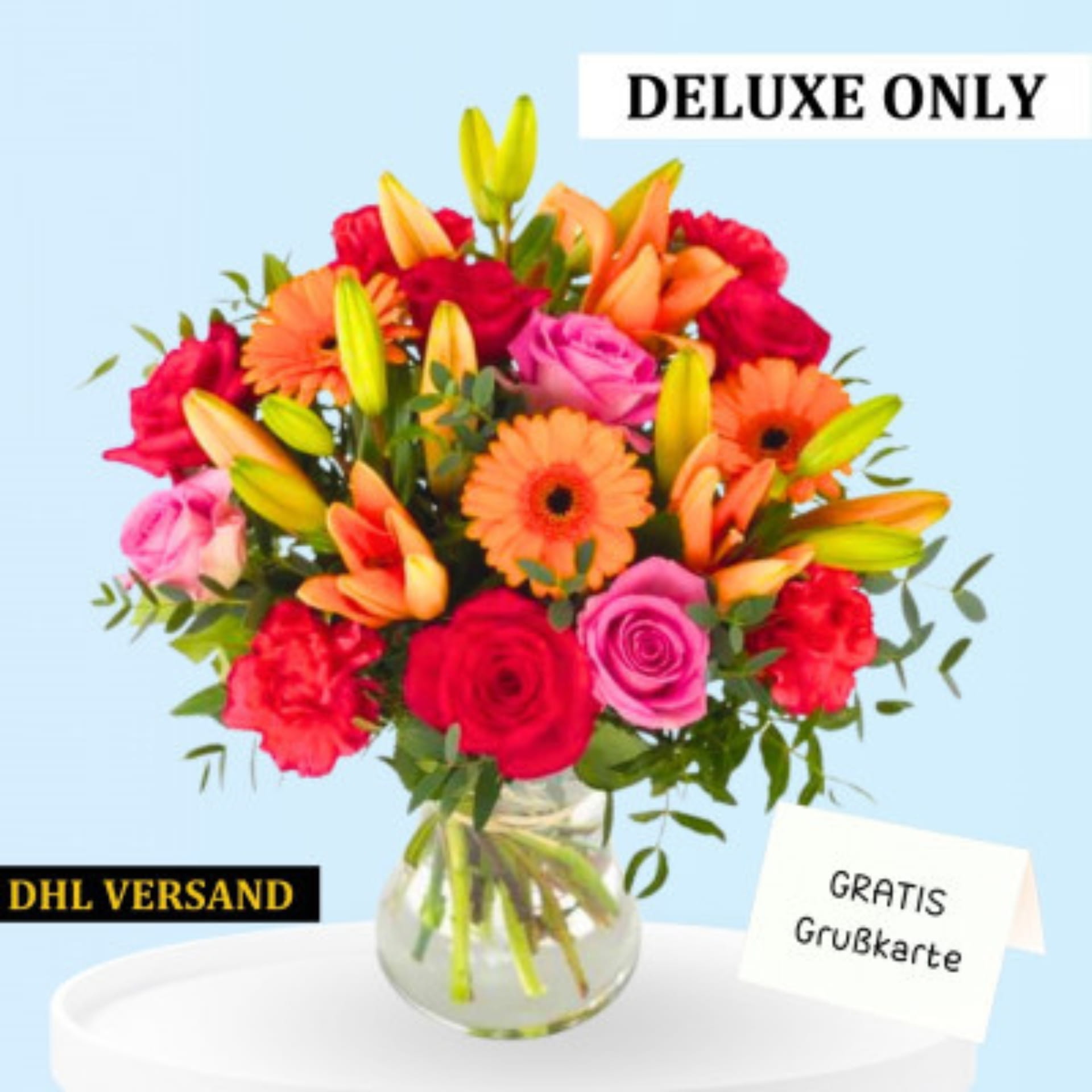 Bestelle einen bunten Blumenstrauß hier online Bunter Blumenstrauß in orange, rot und pink