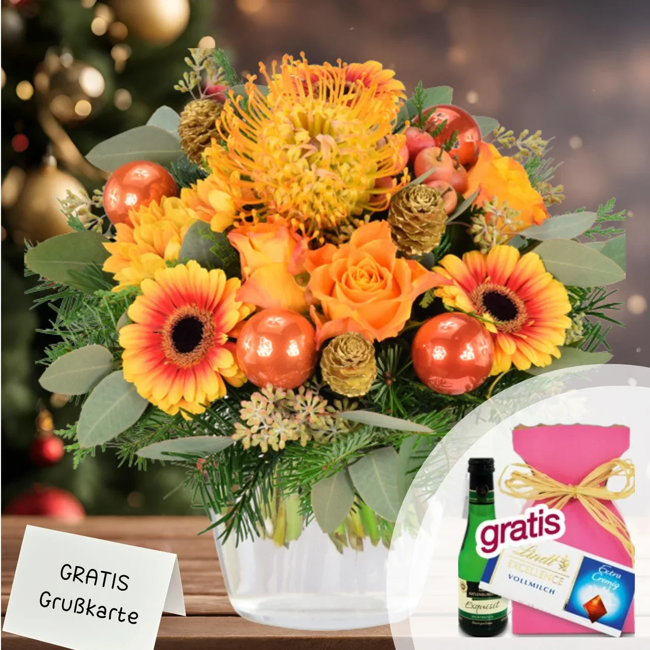 Blumenstrauß in Gold- und Orangetönen mit Protea Nutan, Rosen, Gerberas, Chrysantheme, Weihnachtskugeln, Zapfen, Eukalyptus und Tannengrün, ca. 30 cm Durchmesser