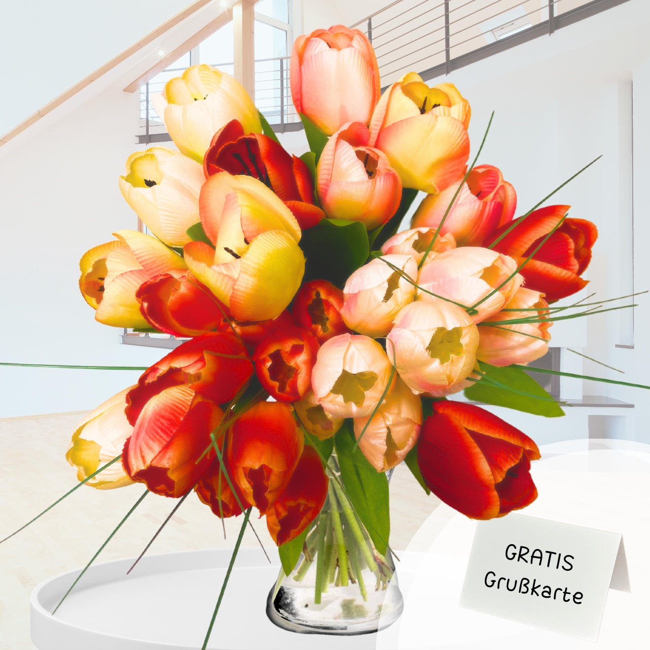 Farbenfroher Frühling: Bouquet aus 30 gemischten Tulpen Farbenfroher Frühling: Bouquet aus 30 gemischten Tulpen