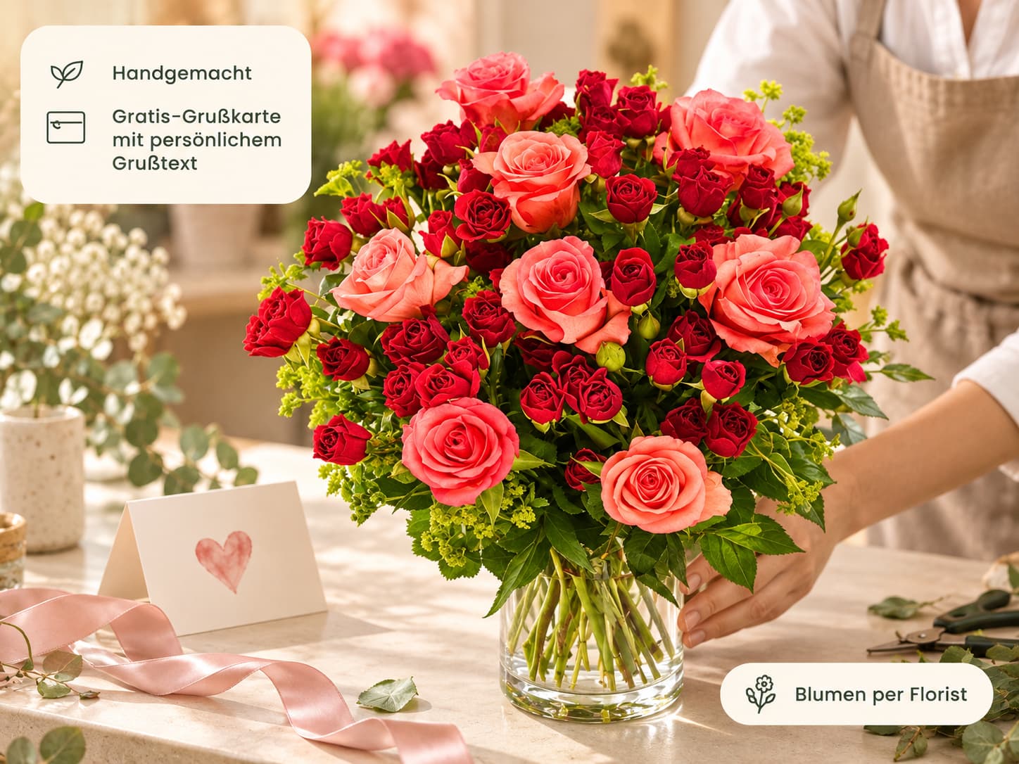 Handgemachtes Rosenbouquet mit Grußkarte Handgemachtes Rosenbouquet mit Grußkarte