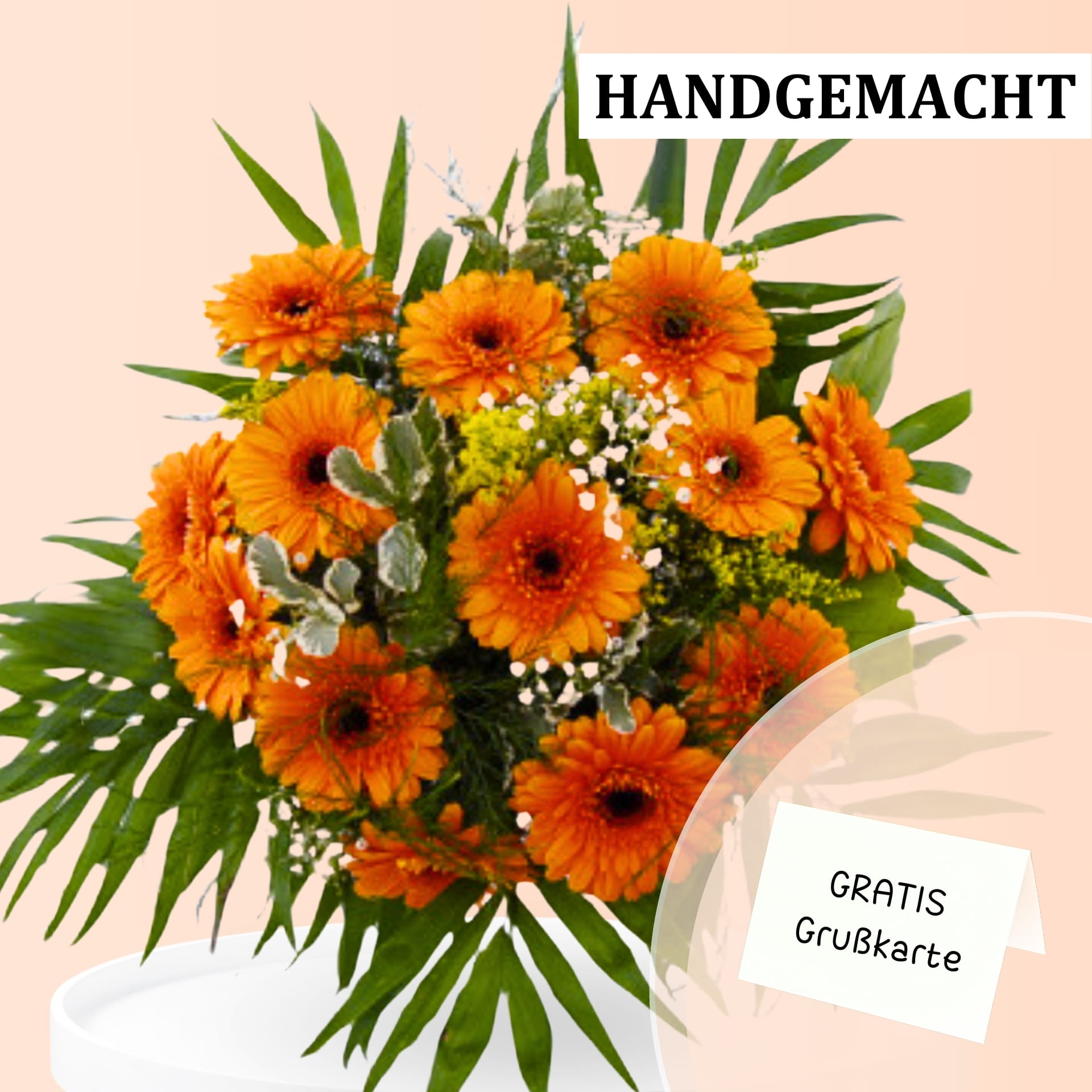 Frischer, orangener Gerbera Strauß, ideal zum Verschenken und Bestellen. Verschicken Sie Blumen mit FlowersDeluxe Blumenversand und überraschen Sie Ihre Liebsten!