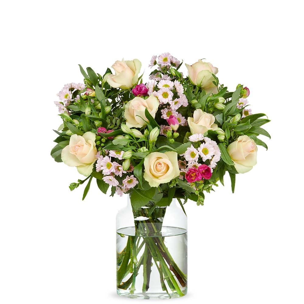 Bestelle einen Strauß cremefarbenen Rosen und feinen Blüten wie Eustoma und Alstroemeria