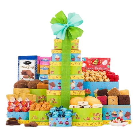 Geschenkidee zum Geburtstag Geschenkidee zum Geburtstag mit verschiedenen Produkten als Turm gestapelt