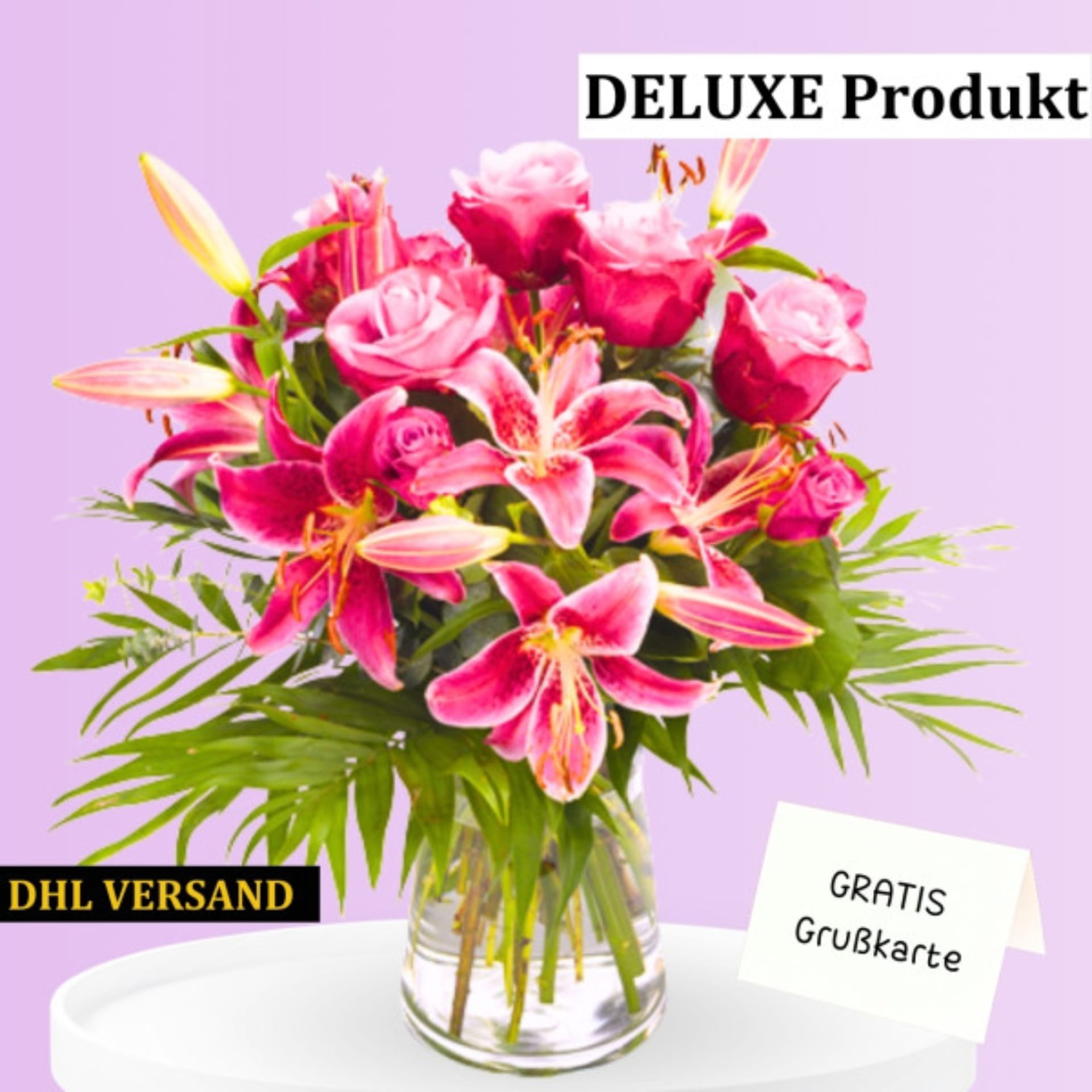 Verschenke pinke Rosen und Lilien in Kombination Pinke Rosen und Lilien als großer Blumenstrauß gebunden
