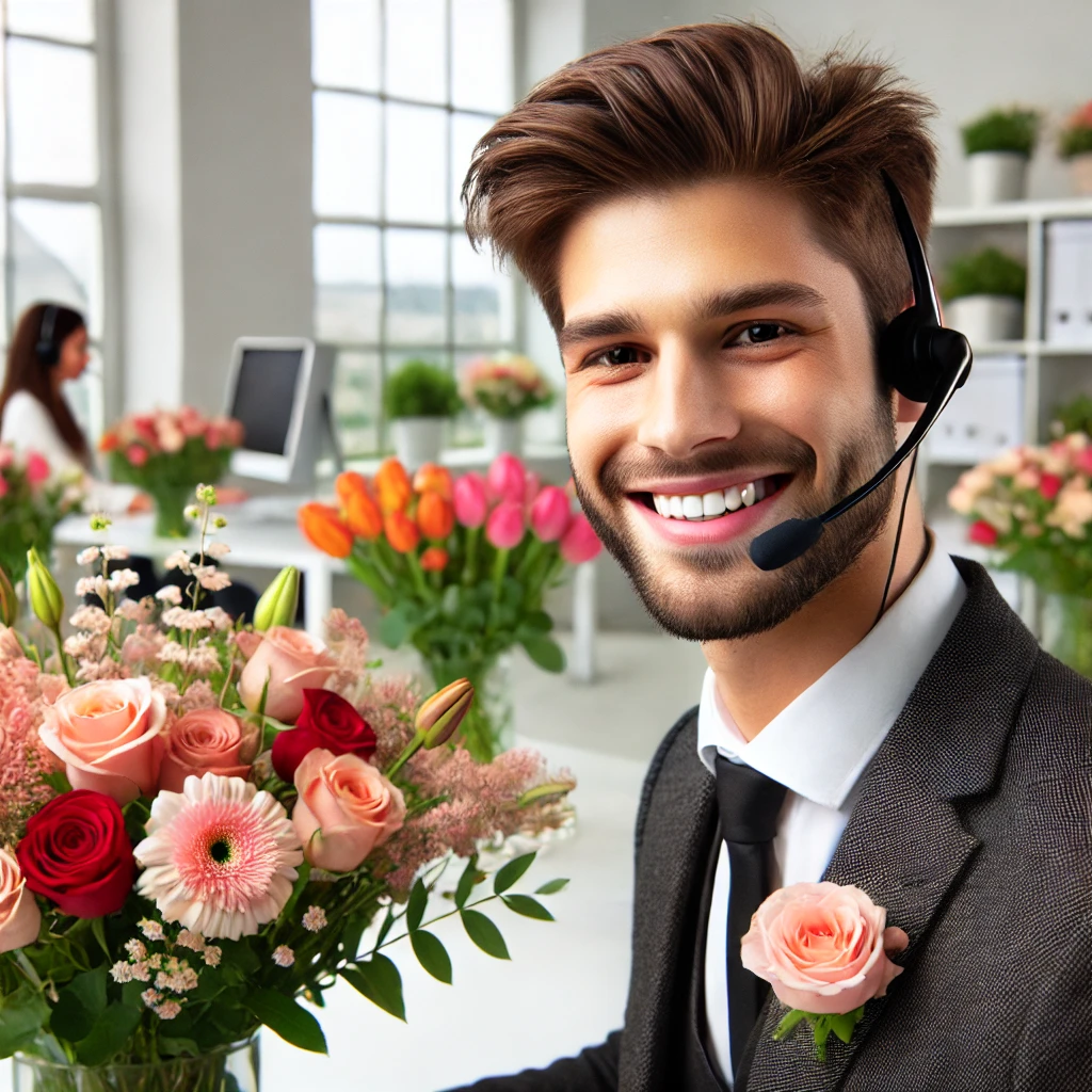 DALLE 2024-07-26 08.18.26 - An image for flowers-deluxe.de showcasing customer service. The image should feature a friendly and professional customer service representative in an