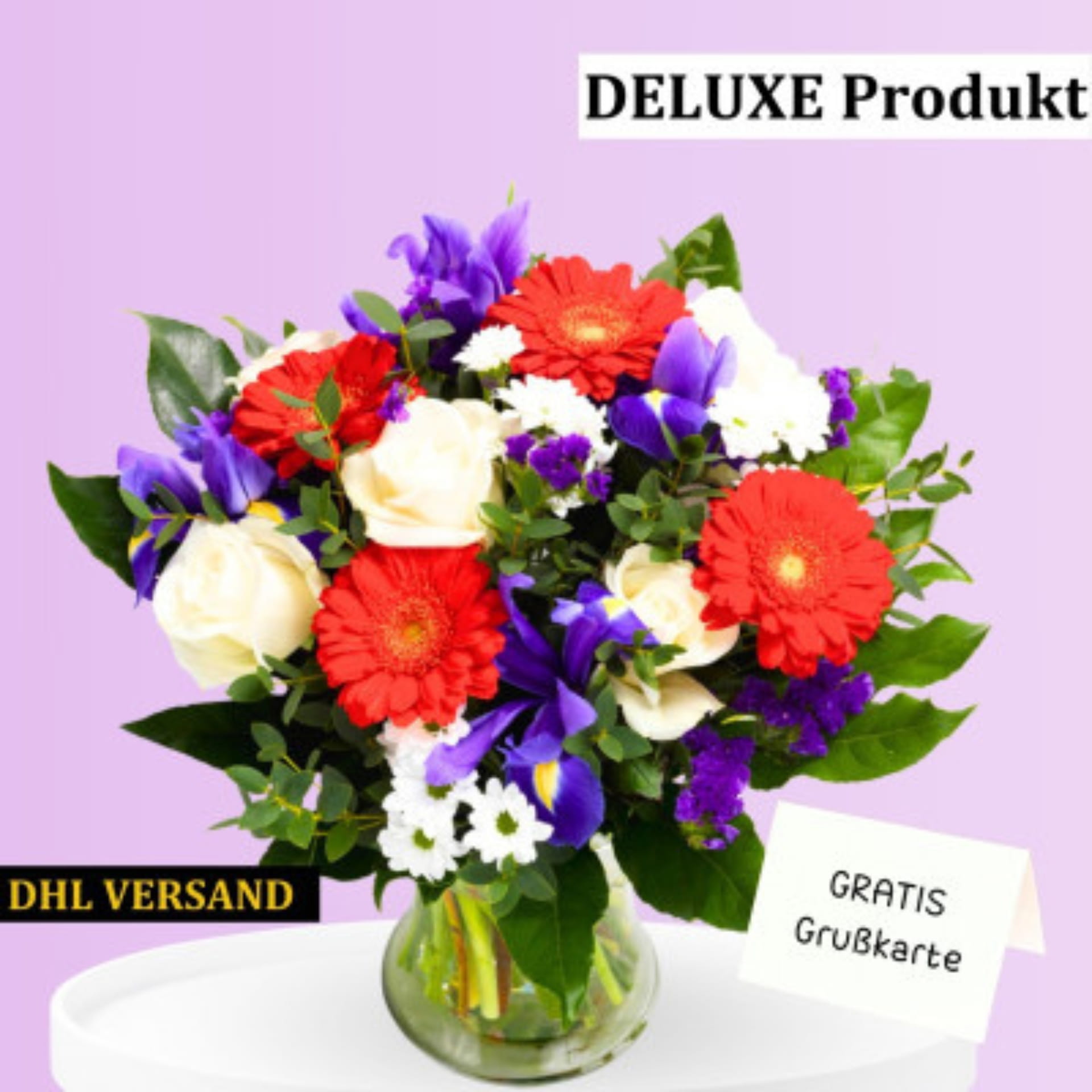 Blumenstrauss rund gebunden mit Gerberas verschenken Ein Strauß aus verschiedenen Blüten, wie etwa rot, lila und weiß