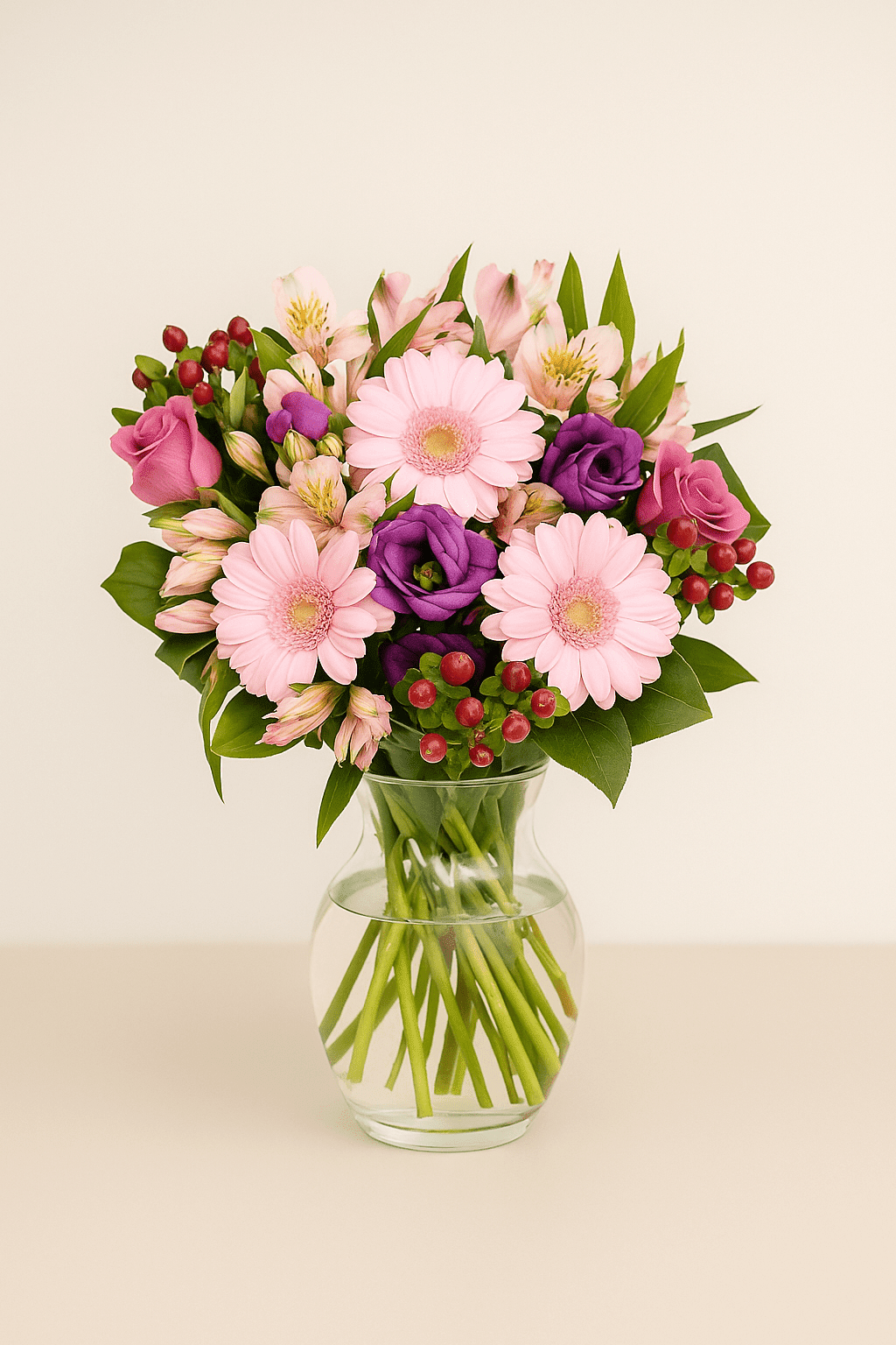 Blumenstrauß Rosa Grüße mit rosa Gerbera, lila Rosen und Alstroemerien in Vase – ideal zum Versenden als Grußgeschenk.