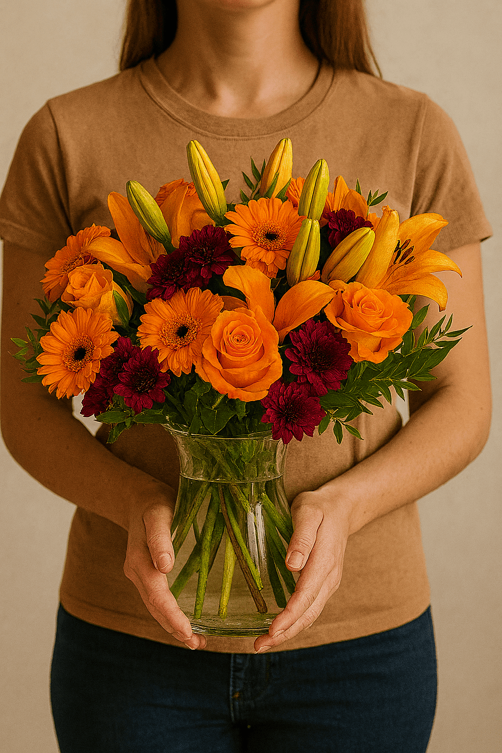 Blumenstrauß Prächtige Farben: Das perfekte Geschenk Person hält prachtvollen Blumenstrauß 'Prächtige Farben' mit orangefarbenen Lilien und roten Gerbera – Freude beim Verschenken von Blumen.