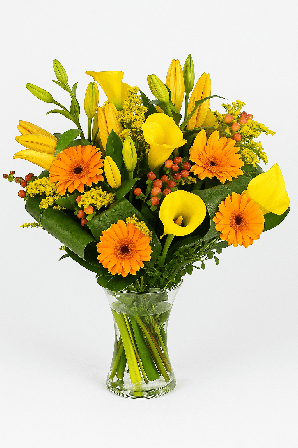 Blumenstrauß „Madrid“ mit gelben Callas, gelben Lilien, orangefarbenen Gerbera und Beeren, freigestellt in Glasvase.