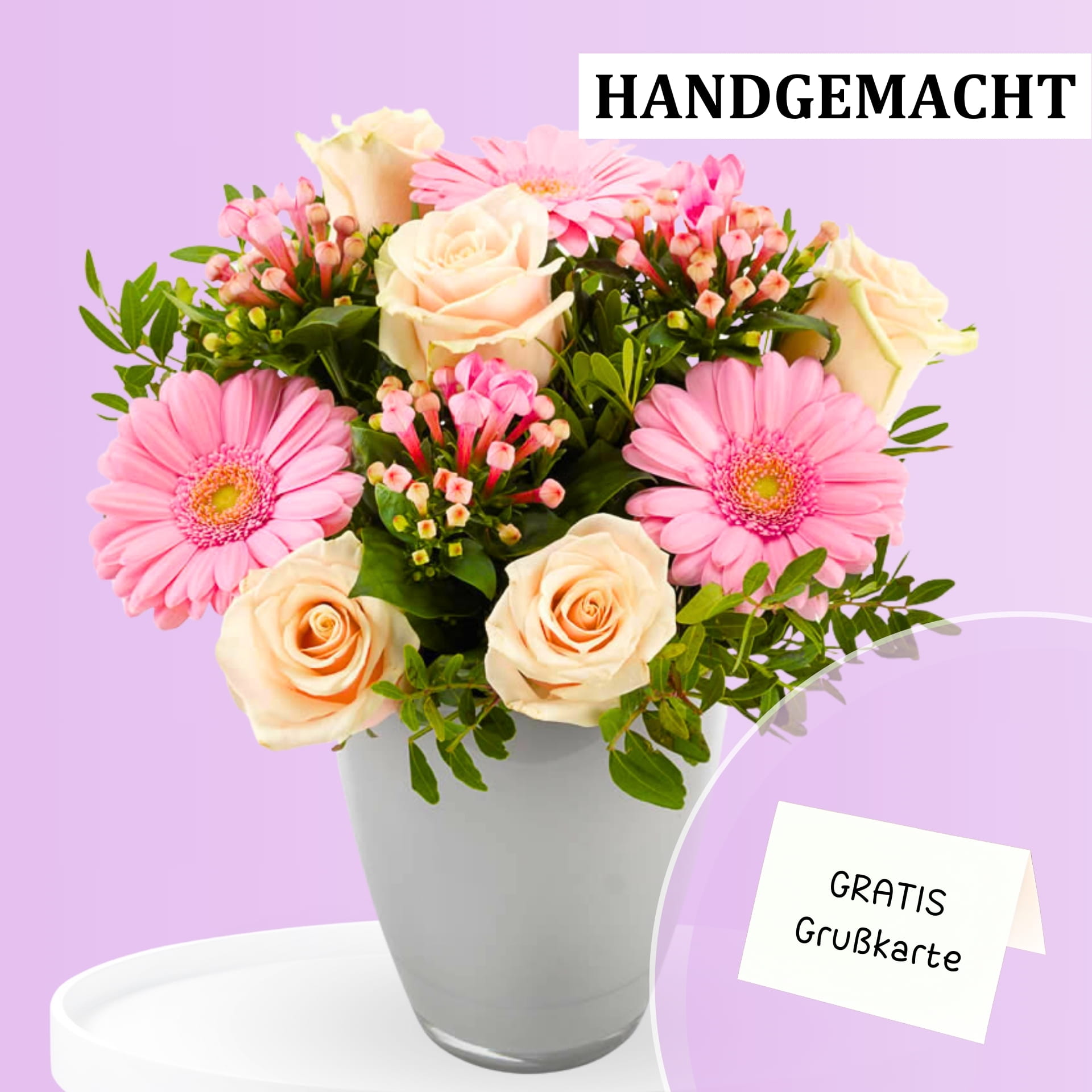 Wunderschönes Blumengesteck aus rosa Gerbera und cremefarbenen Rosen, das per Post verschickt wird. Inklusive gratis Grußkarte. Bestellen Sie jetzt und bereiten Sie jemandem eine Freude!