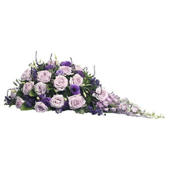 Trauergesteck in violett, weiß bestellen Trauergesteck mit Lilien und Rosen in violett, pink und weiß
