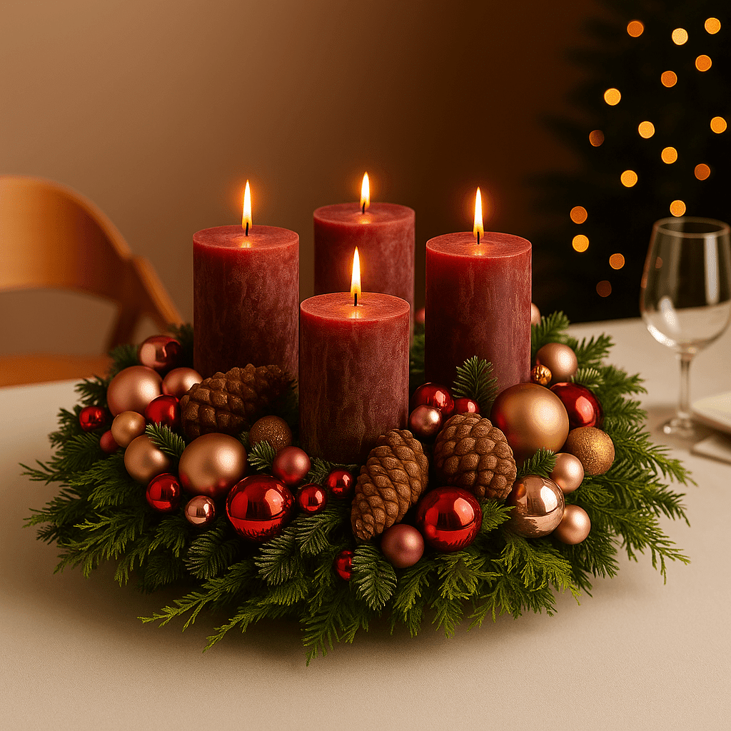 Adventskranz Festlicher Glanz – mit roten Kerzen und Kugeln Adventskranz Festlicher Glanz – mit roten Kerzen und Kugeln