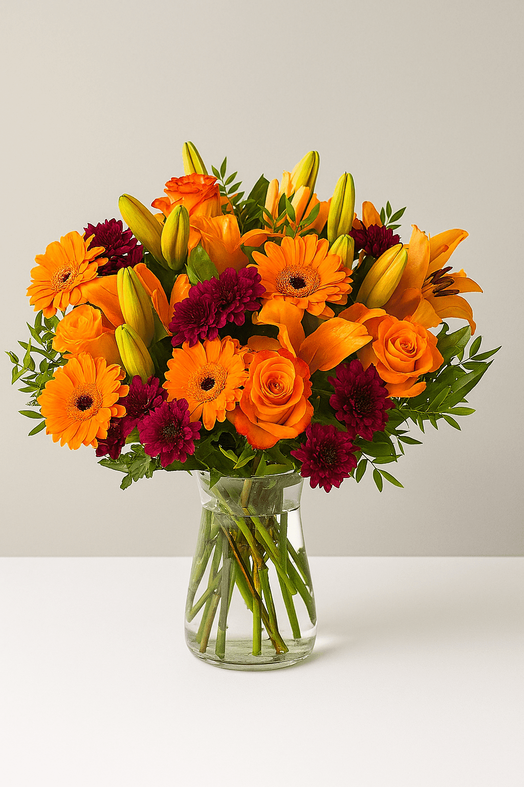 Blumenstrauß Prächtige Farben mit orangefarbenen Gerbera, roten Lilien und orange Rosen in Glasvase auf hellem Hintergrund – sofort lieferbar.