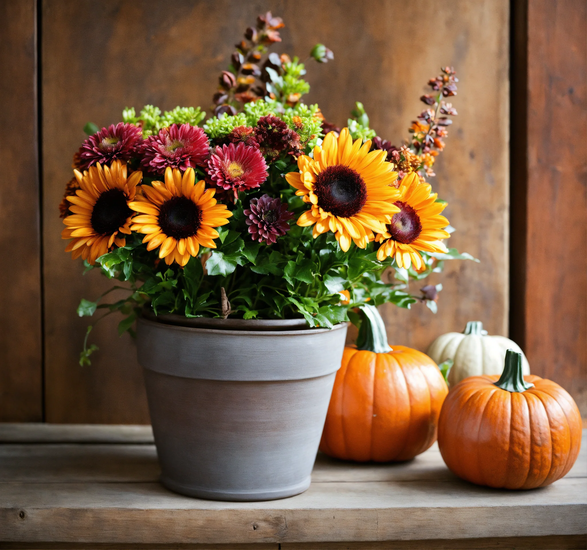 Verwende saisonale Herbstblumen für das Gesteck