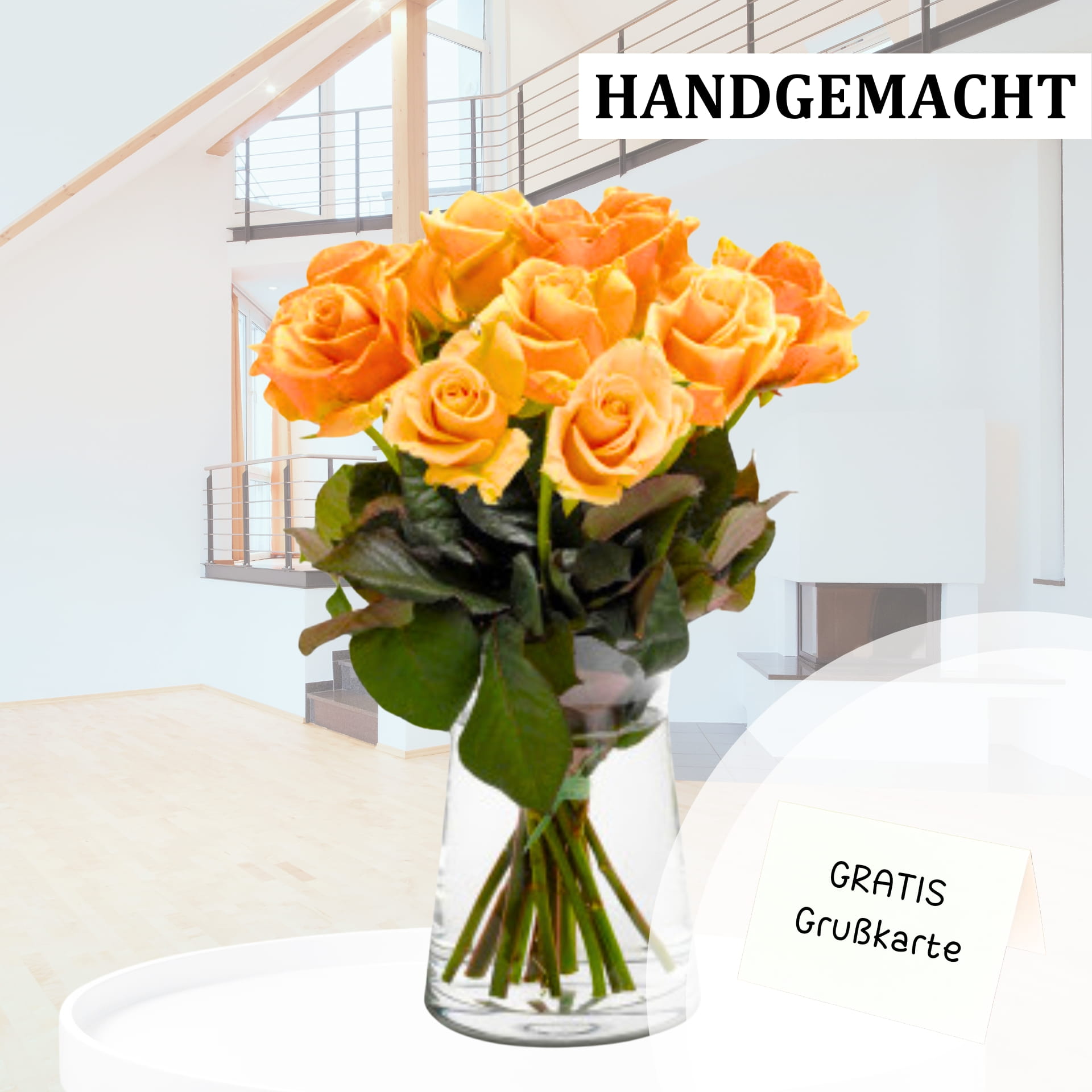 Bestelle Rosen in orange apricot - FlowersDeluxe Rosen in apricot in einem modernen Wohnzimmer