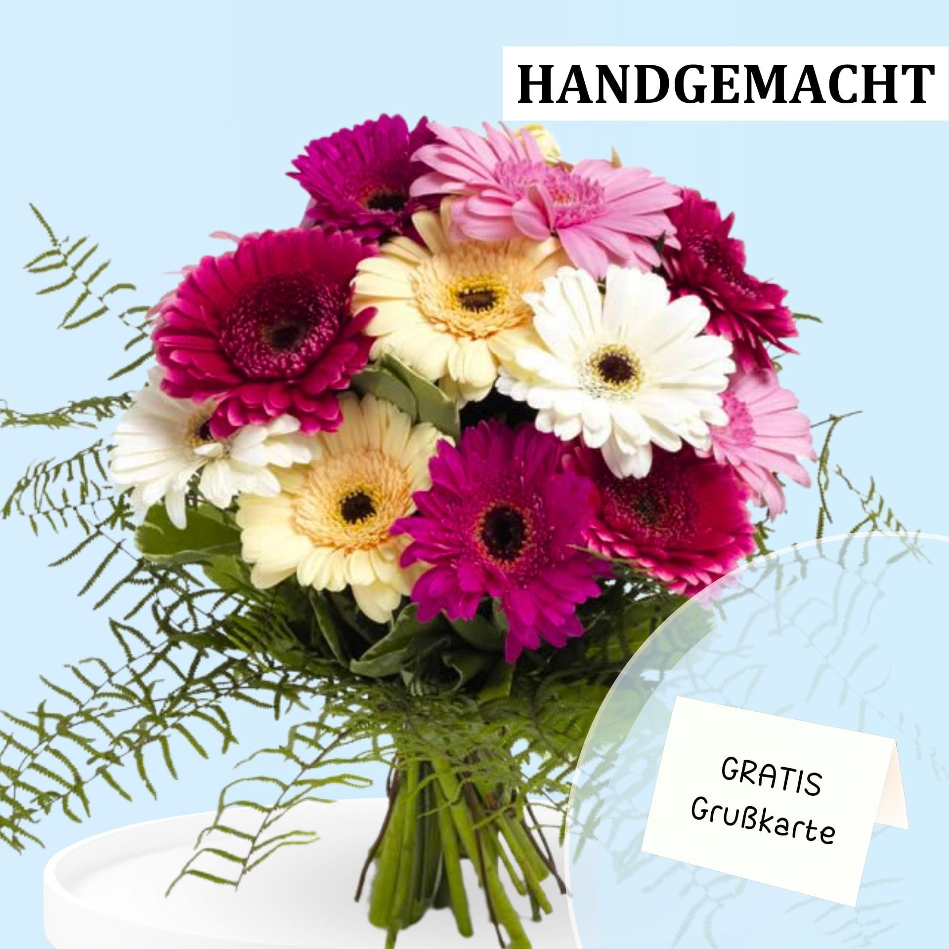 Perfekte Dekoration für jeden Anlass mit Rosafarbenen Gerbera-Daisen Ein farbenfrohes Bouquet aus rosa, creme und pinkfarbenen Gerbera in einer klaren Glasvase