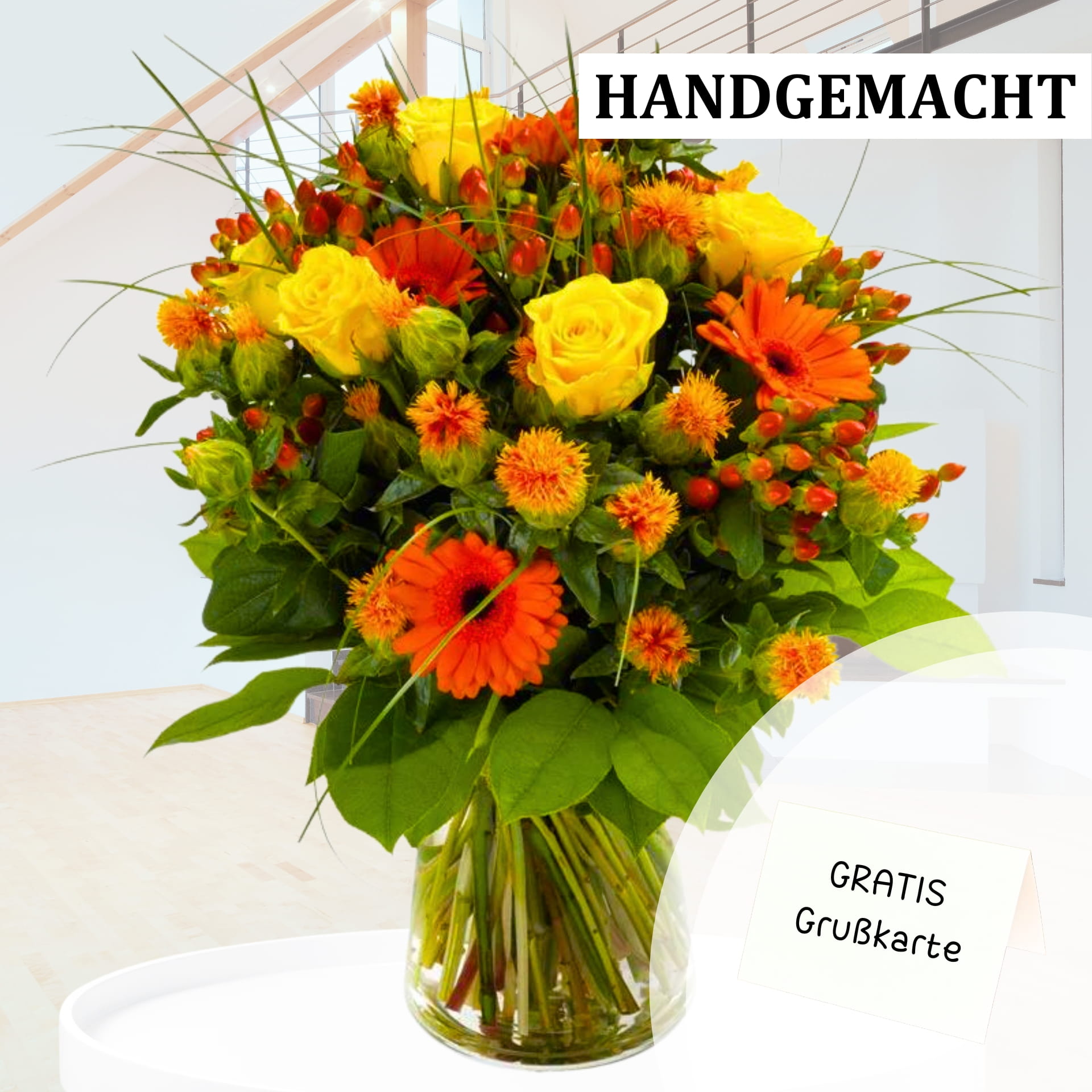 Ein Herbststrauß in gelb und orange - jetzt versenden Ein Blumenstrauß in Herbstfarben, orange und gelb.