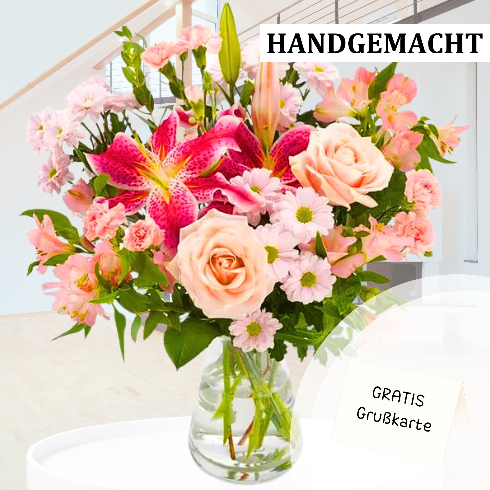 Sommertraum – Pastell-Strauß mit Lilien, Rosen und Alstroemerien von Flowers Deluxe Sommertraum Pastell-Blumenstrauß mit Lilien, Rosen und Alstroemerien