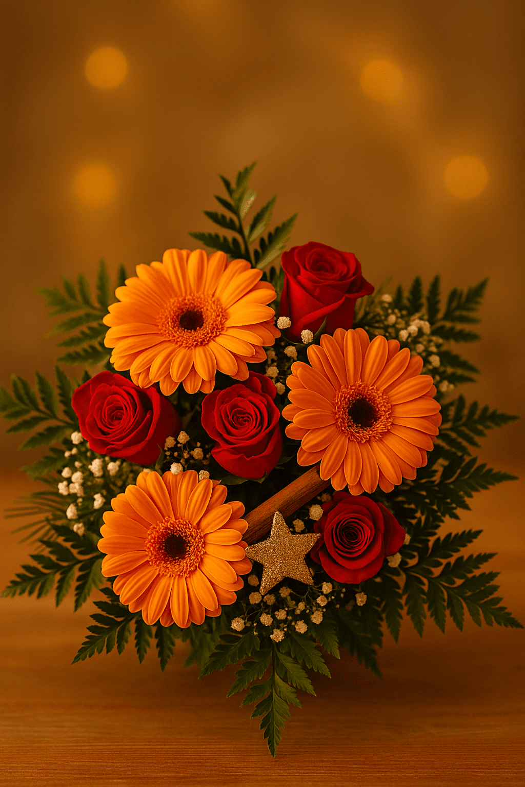 Weihnachtsgruß in Orange – Festlicher Blumengruß mit roten Rosen Weihnachtsgruß in Orange – Festlicher Blumengruß mit roten Rosen