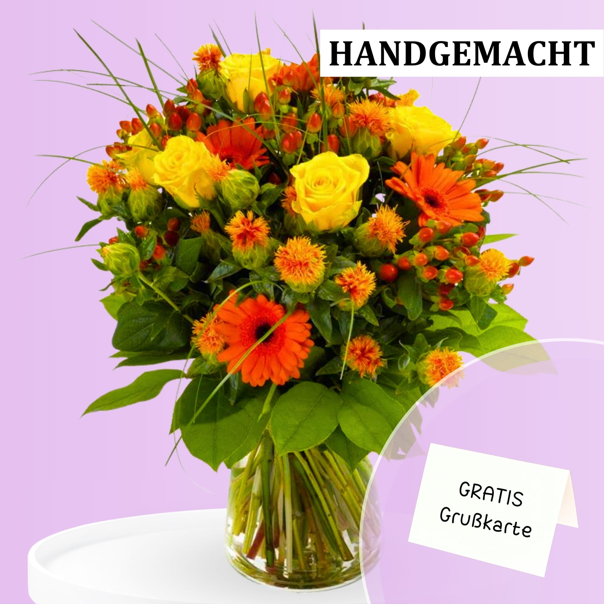 Herbststrauß mit Blüten in gelb und orange Blumenstrauß in gelb und orange mit Rosen und Gerbera