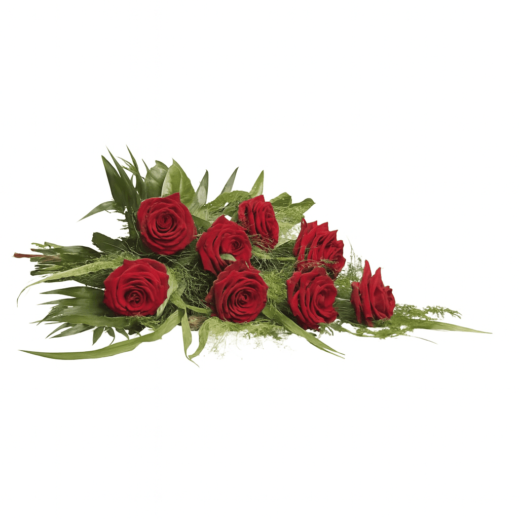 Ein würdevoll arrangierter Liegestrauß für Trauerfeiern mit sieben leuchtend roten Rosen, umrahmt von sattgrünen Asparagus- und Aspidistrablättern, auf weißem Hintergrund.