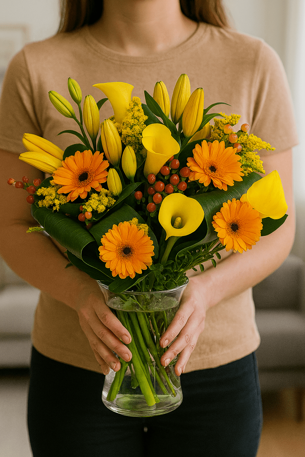 Blumenstrauß „Madrid“ mit gelben Callas, Lilien, orangefarbenen Gerbera und Beeren, von Frau in Händen gehalten.