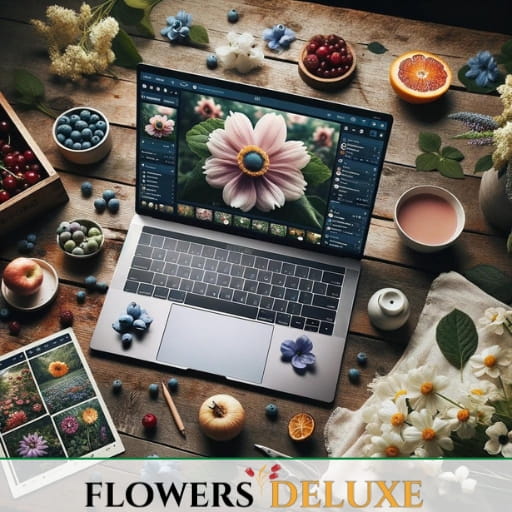 Einzigartiges Blumenblog-Headerbild mit digitaler Blumenkunst und Geschenkthema, perfekt zur optischen Aufwertung von Blumenliebhaber-Blogs.