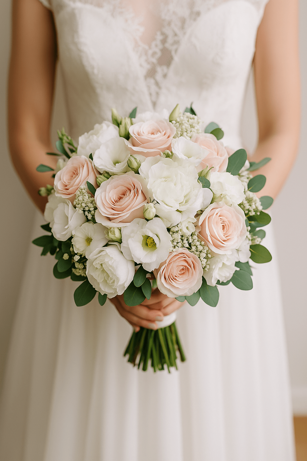 Moderner Brautstrauß in Rosa mit Rosen, Nelken und Schleierkraut
