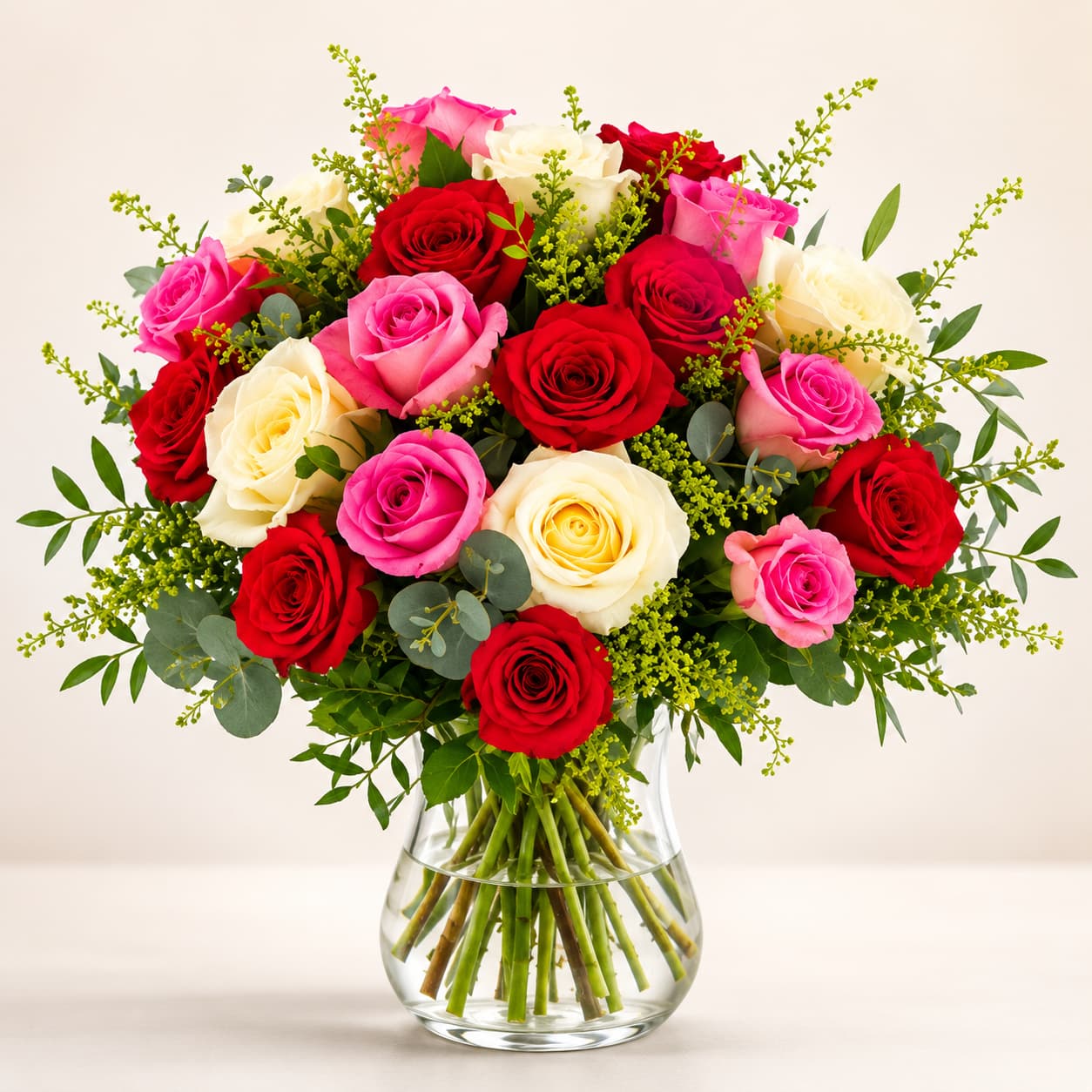 Blumenstrauß Ausstrahlung – Eleganter Rosenstrauß in Rot, Rosa und Creme Blumenstrauß Ausstrahlung mit roten, rosa und cremefarbenen Rosen im Glas