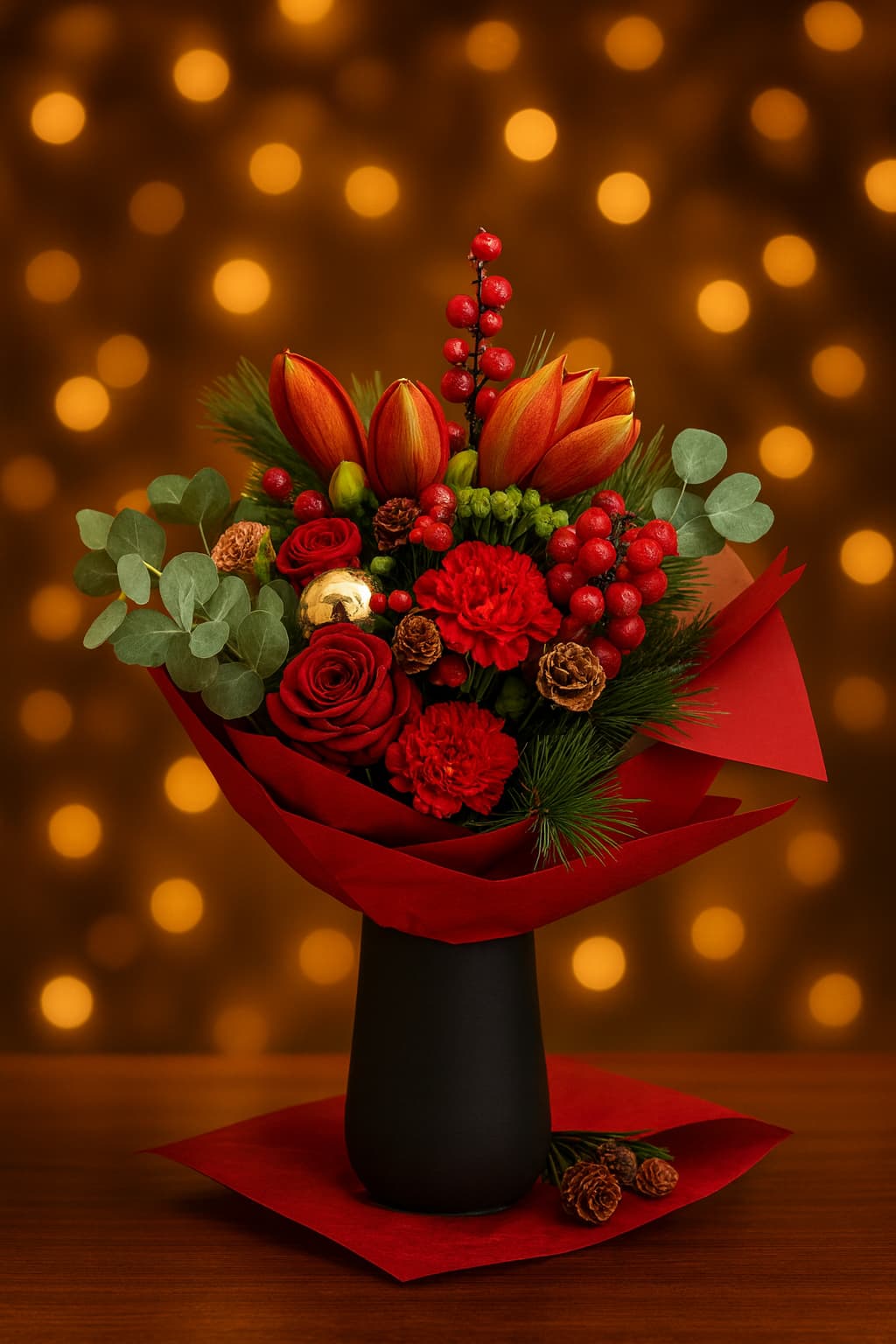 Festliche Winterliebe – Weihnachtsbouquet in Rot & Gold