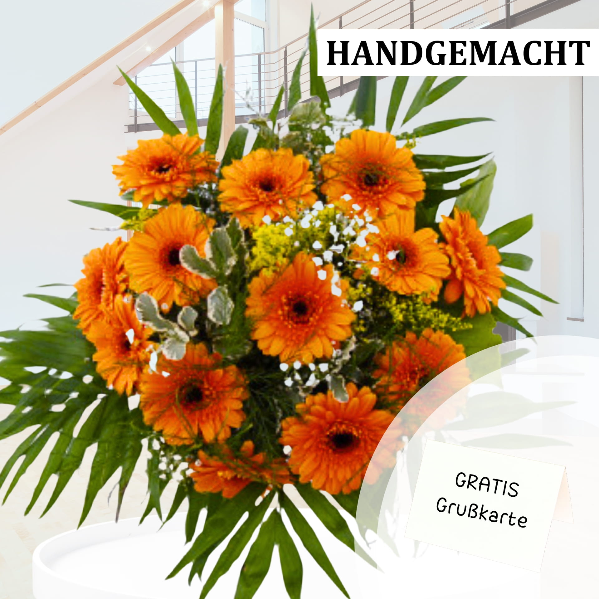 Ein wunderschöner, handgemachter Gerberastrauß in Orange. Perfekt zum Verschicken und Bestellen bei FlowersDeluxe Blumenversand. Jetzt kaufen und Freude bereiten!