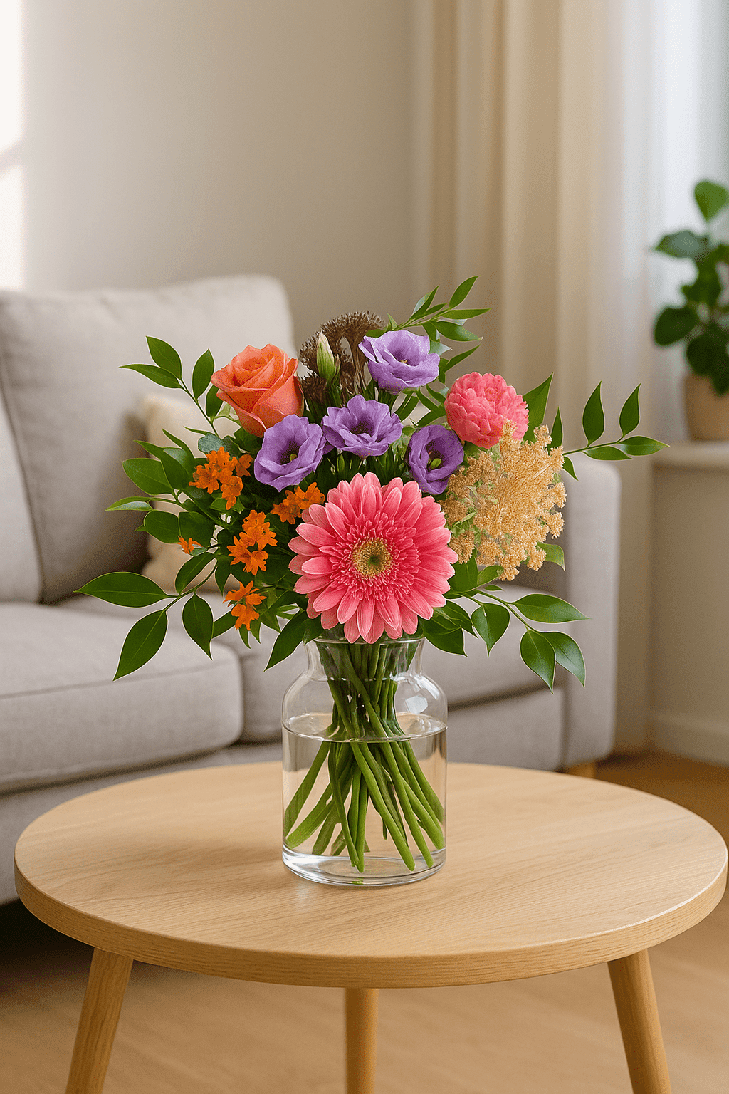 Bunter Blumenstrauß mit pinker Gerbera, orangefarbener Rose, lila Blüten und grünem Beiwerk in Glasvase auf rundem Holztisch vor Sofa.