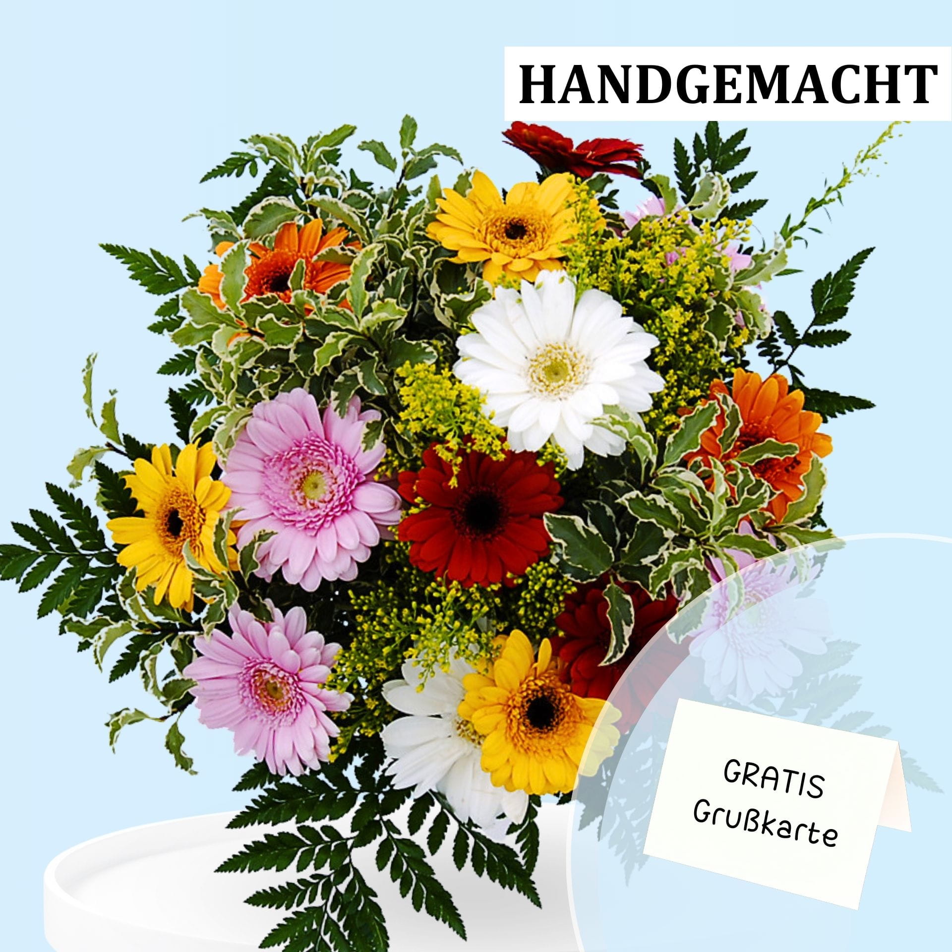 Blumenstrauß Toskana mit FlowersDeluxe Blumenversand Ein Blumenstrauß mit bunten Gerberas in Gelb, Orange, Rot, Rosa und Weiß.