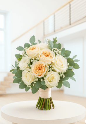 Eleganter Brautstrauß mit cremefarbenen und apricotfarbenen Rosen, Schleierkraut und Eukalyptus – handgebunden von Flowers Deluxe.