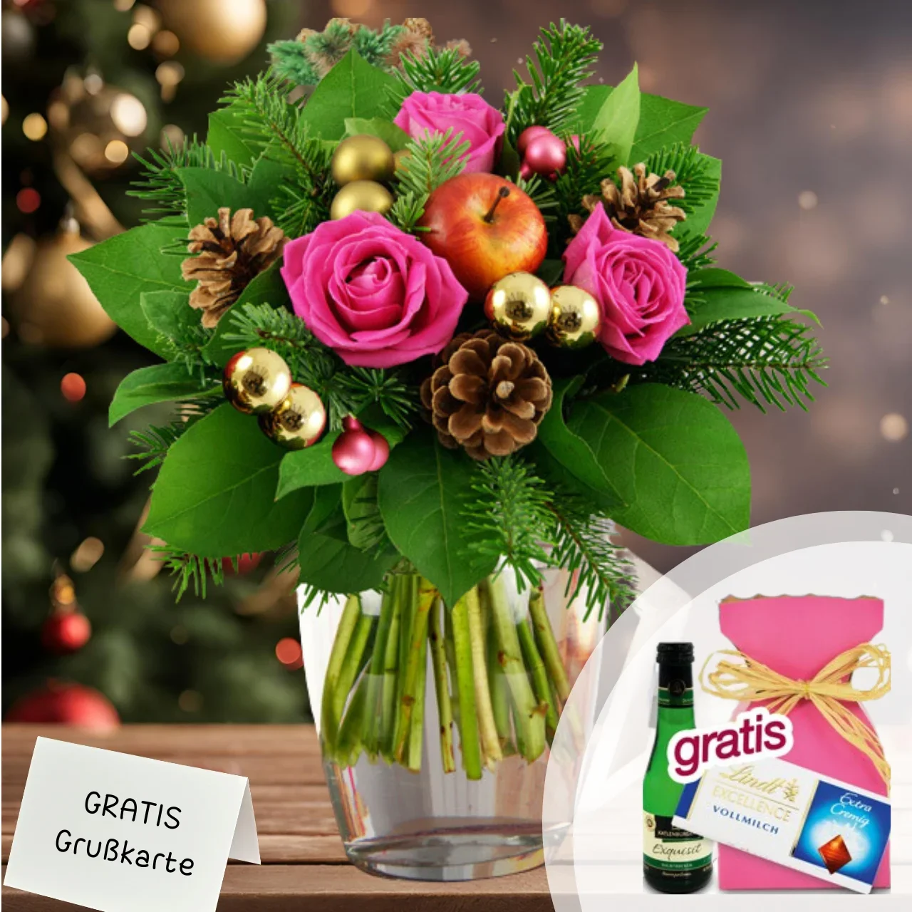 Strauss zu Weihnachten mit rosa Blüten verschenken