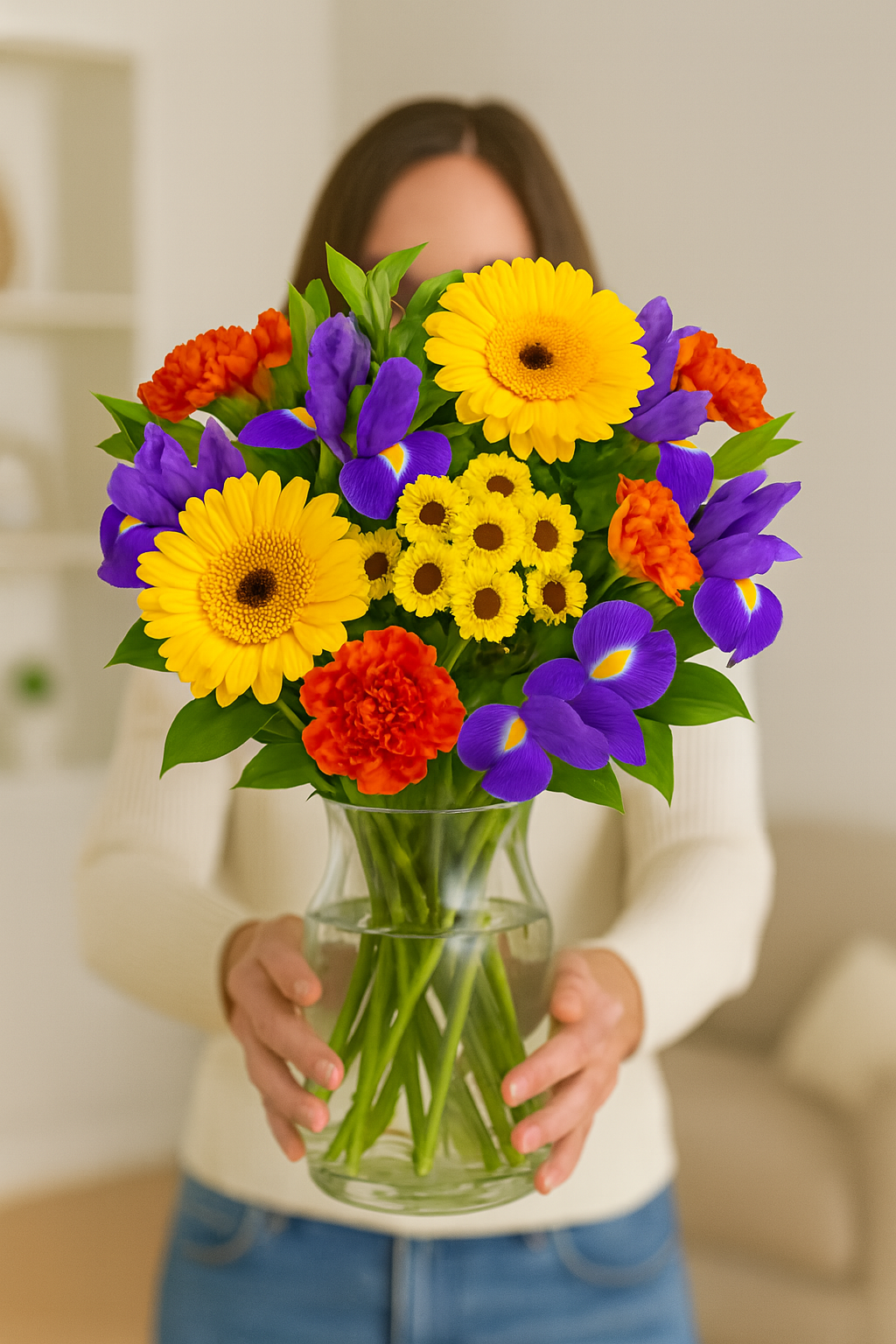 Glückliche Frau hält bunten Geburtstagsstrauß mit Gerbera und Iris in den Händen – ein emotionaler Geburtstagsgruß von Flowers-Deluxe.