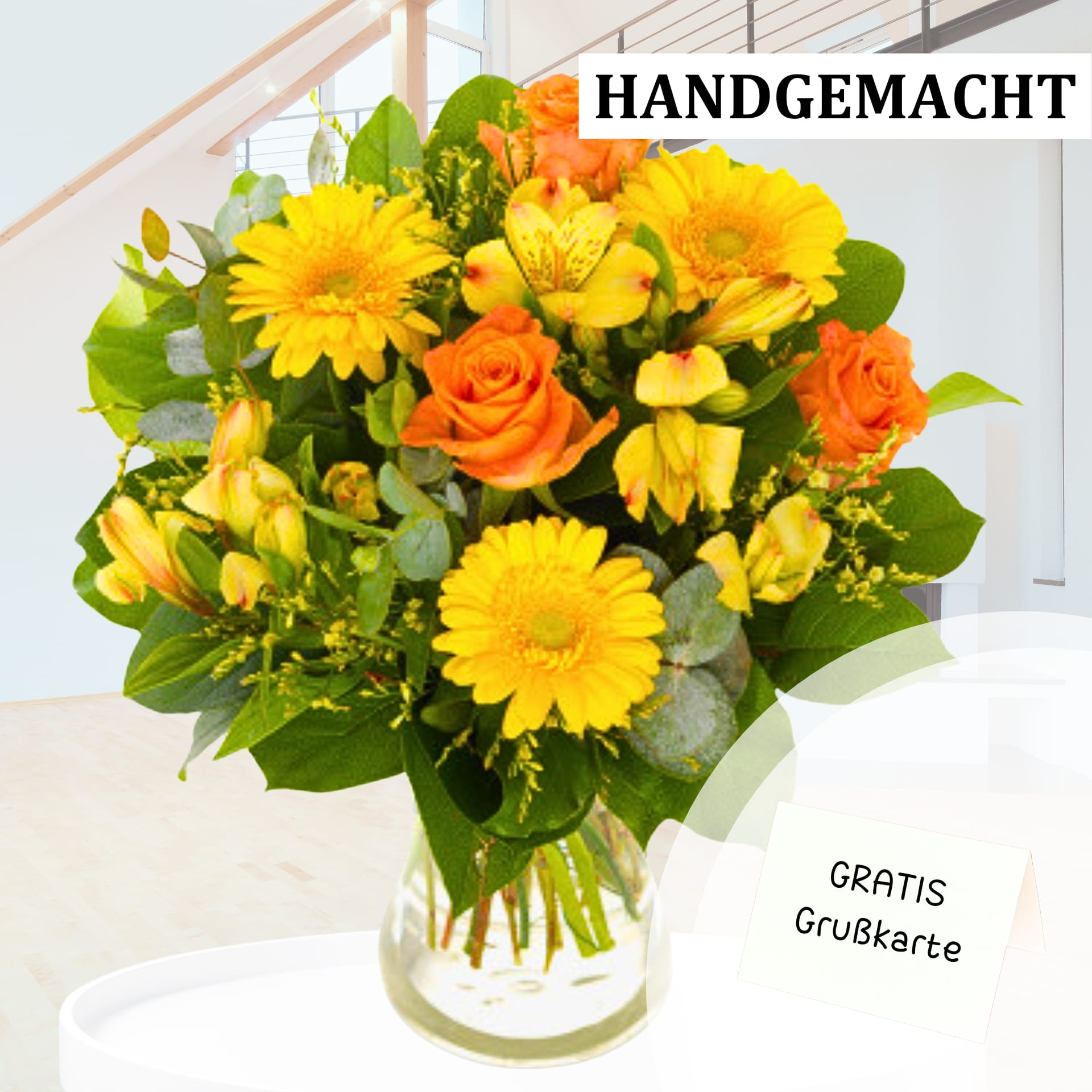 Strauss Sonnengruß in gelb & orange online verschicken Ein Strauß mit Rosen und Gerberas, in gelb und orange