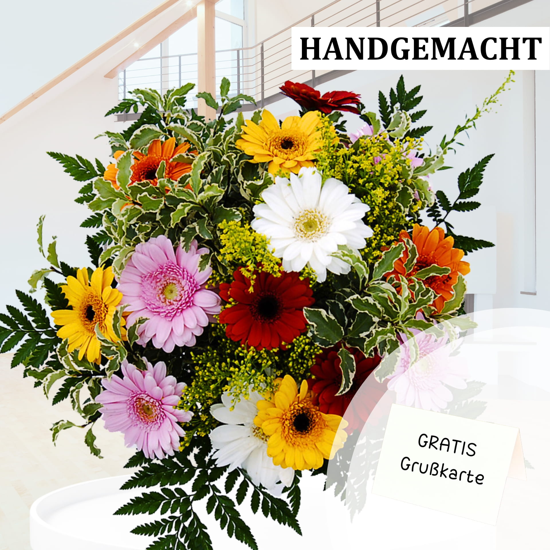 Gerberas bunter Strauß - hier versenden Bunter Gerberasstrauß mit einer gratis Grußkarte.