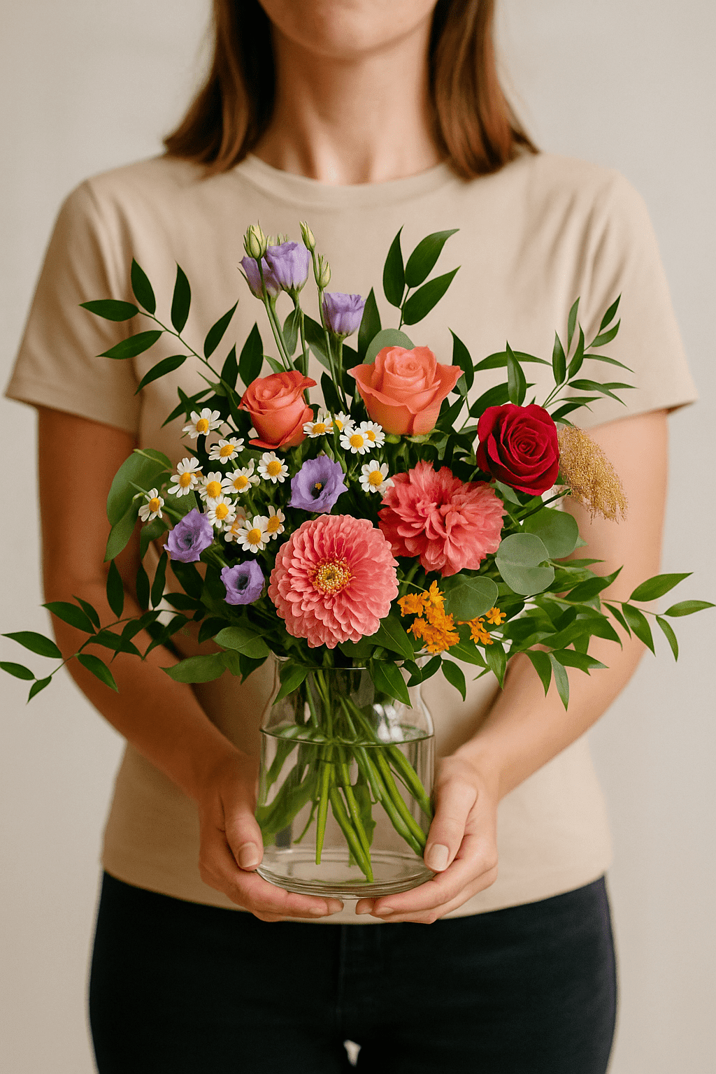 Bunter Blumenstrauß mit pinker Gerbera, roten und orangefarbenen Rosen, Kamille und lila Blüten in Glasvase, von Frau in beiden Händen gehalten.