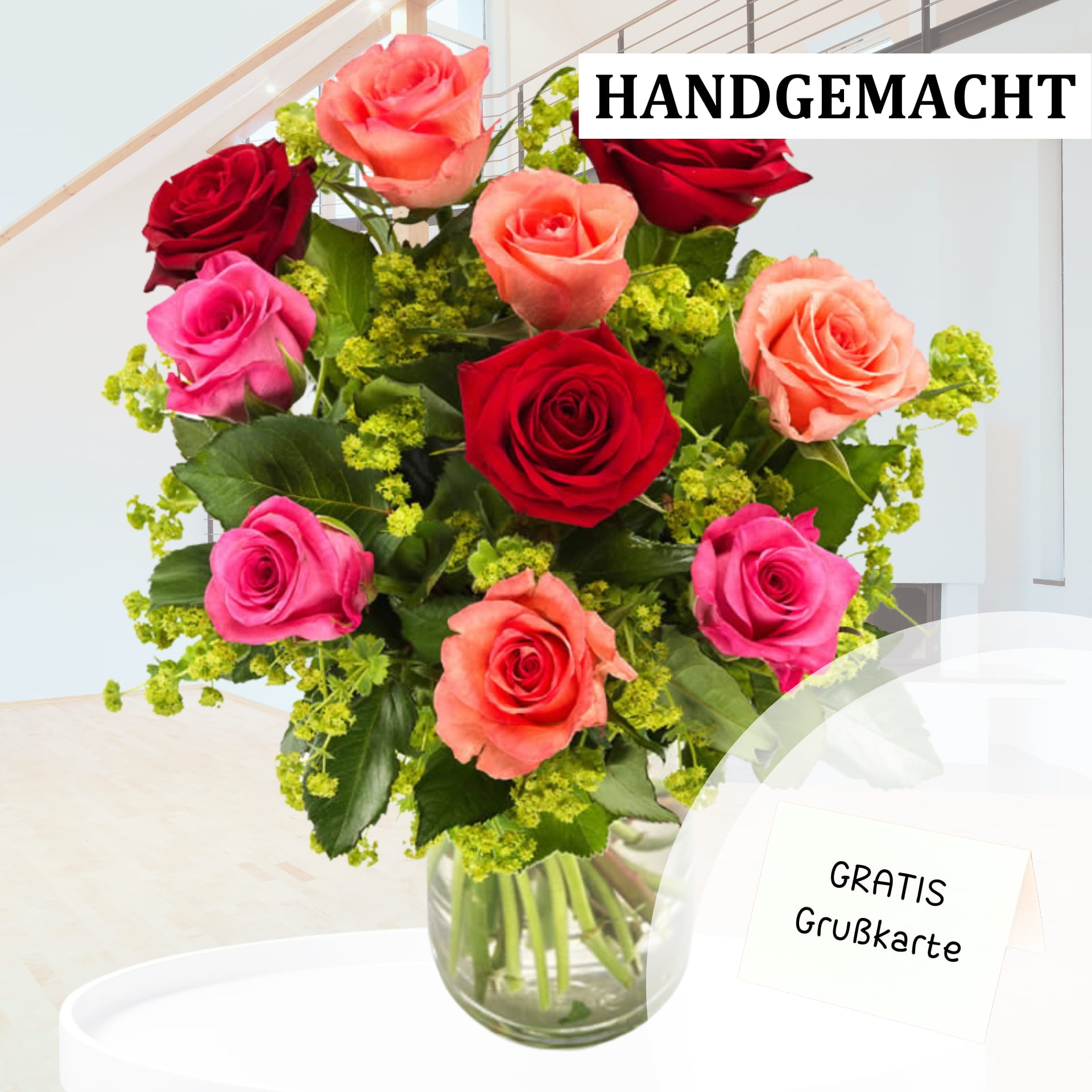 Rosenstrauß in rot, lachs und pink Blumenstrauß mit rosa Rosen, pinken Gerbera und mehr - ein herzliches Geschenk zum Muttertag!