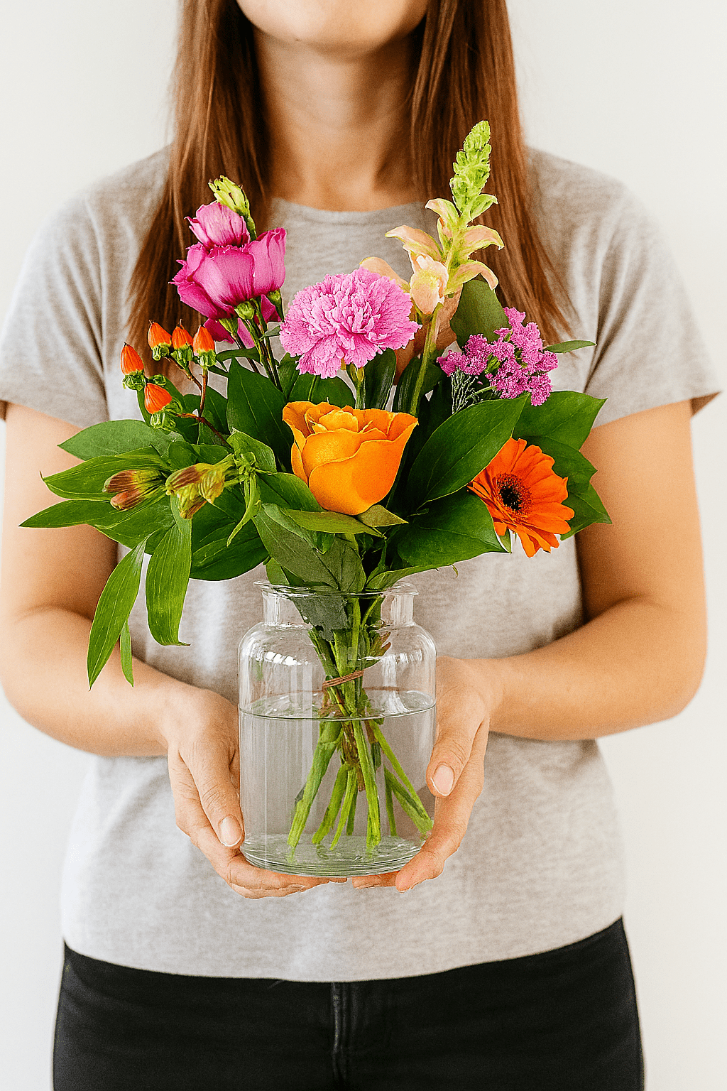 Kleiner bunter Blumenstrauß mit orangefarbener Rose, orangefarbener Gerbera, pinken Blüten und grünem Beiwerk in Glasvase, von Frau mit grauem Shirt in Händen gehalten.